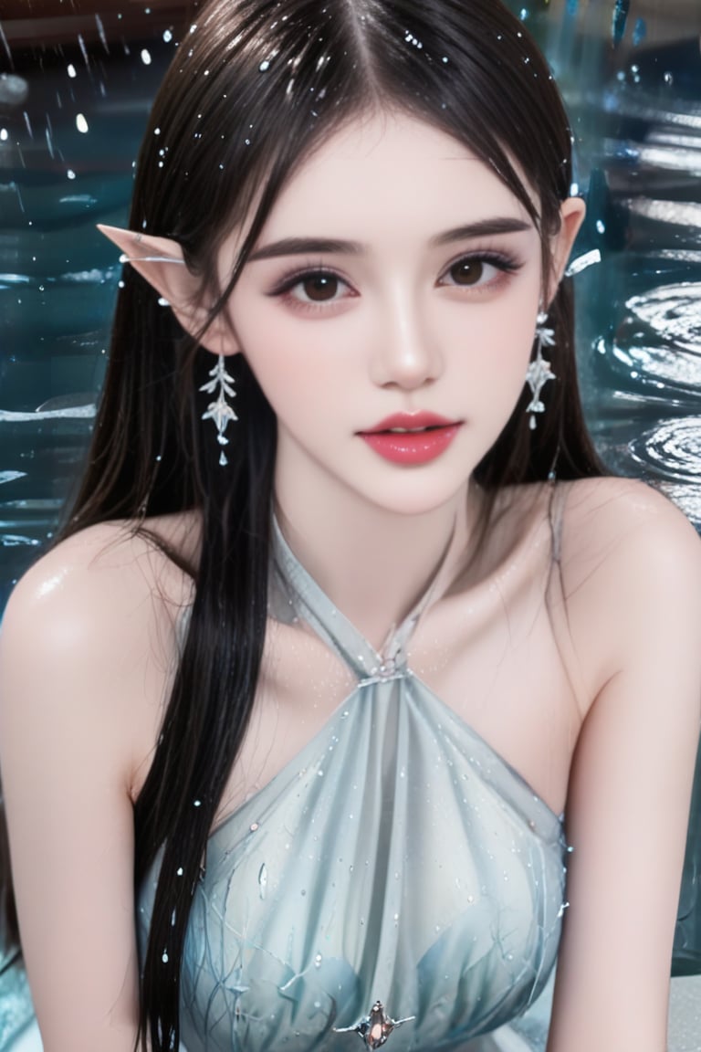 1girl, solo, long hair, breasts, looking at viewer, black hair, dress, bare shoulders, jewelry, medium breasts, upper body, earrings, parted lips, detached sleeves, water, black eyes, from side, lips, sideboob, facial mark, water drop, forehead mark, realistic,bust_shot,aheago,brown pupil,huge pupil,