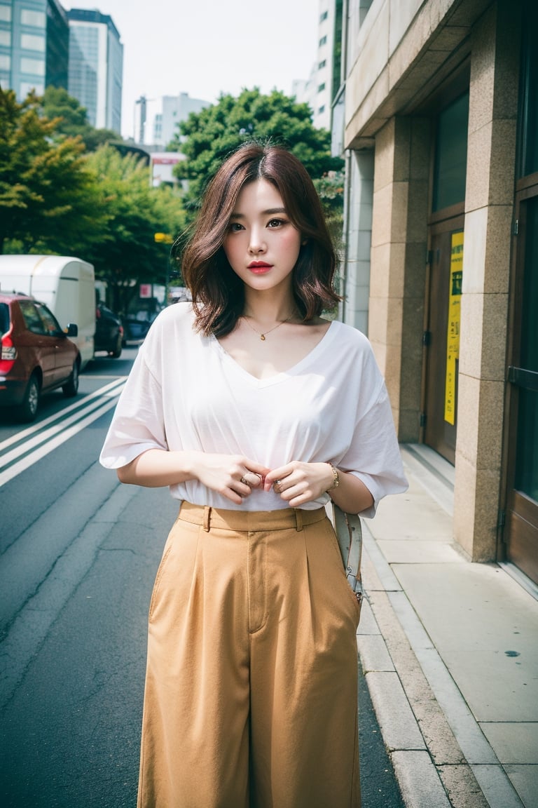 Best quality, masterpiece, photo by fuji-proplus-ii film, full-length portrait,  raw photo of 28 years old taiwan woman,  short brown hair,  looking at viewer, outdoor,  street of taipei 101,