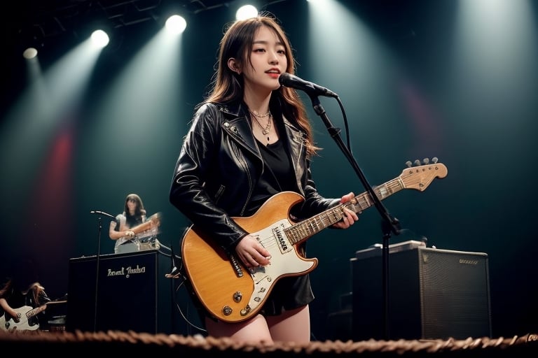 thousands of audience, a rock concert, a beautiful woman wearing leather jacket, black_mini shirt, with long hair singing on stage. blurred band members on the background , better hands,  stocking, stylish black boots

 