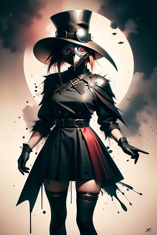 1girl, solo, short hair, breasts, looking at viewer, red eyes, thighhighs, gloves, hat, holding, red hair, black gloves, mask plague,dark skin,plague_doctor_mask ,Chromaspots