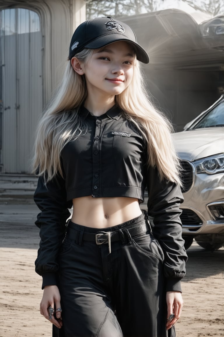 A young woman with long, blonde hair cascading down her back gazes directly at the viewer, her features illuminated by soft, natural light. She wears a black shirt that showcases her toned midriff and a pair of high-waisted pants cinched at the waist by a wide belt. Her long hair flows over her shoulders as she stands confidently, her eyes locking onto ours. To her right, a boy sporting a baseball cap and a mischievous grin looks on with interest. He's dressed in casual attire, his black shirt tucked into his pants, and his hands shoved deep into the pockets of his jacket. The navel ring glinting in the sunlight hints at his carefree nature. In the background, a sleek motor vehicle - a car - gleams in the distance, its shiny surface reflecting the sun's rays. The scene is set on a flat, open ground, with the duo standing out against the calm, serene backdrop. The overall atmosphere exudes a sense of relaxed, youthful energy.