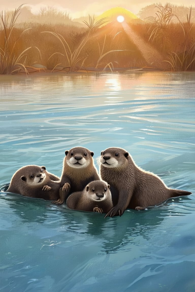 A family of otters holding hands while floating on their backs in a calm, crystal-clear river, with the sun setting in the background.