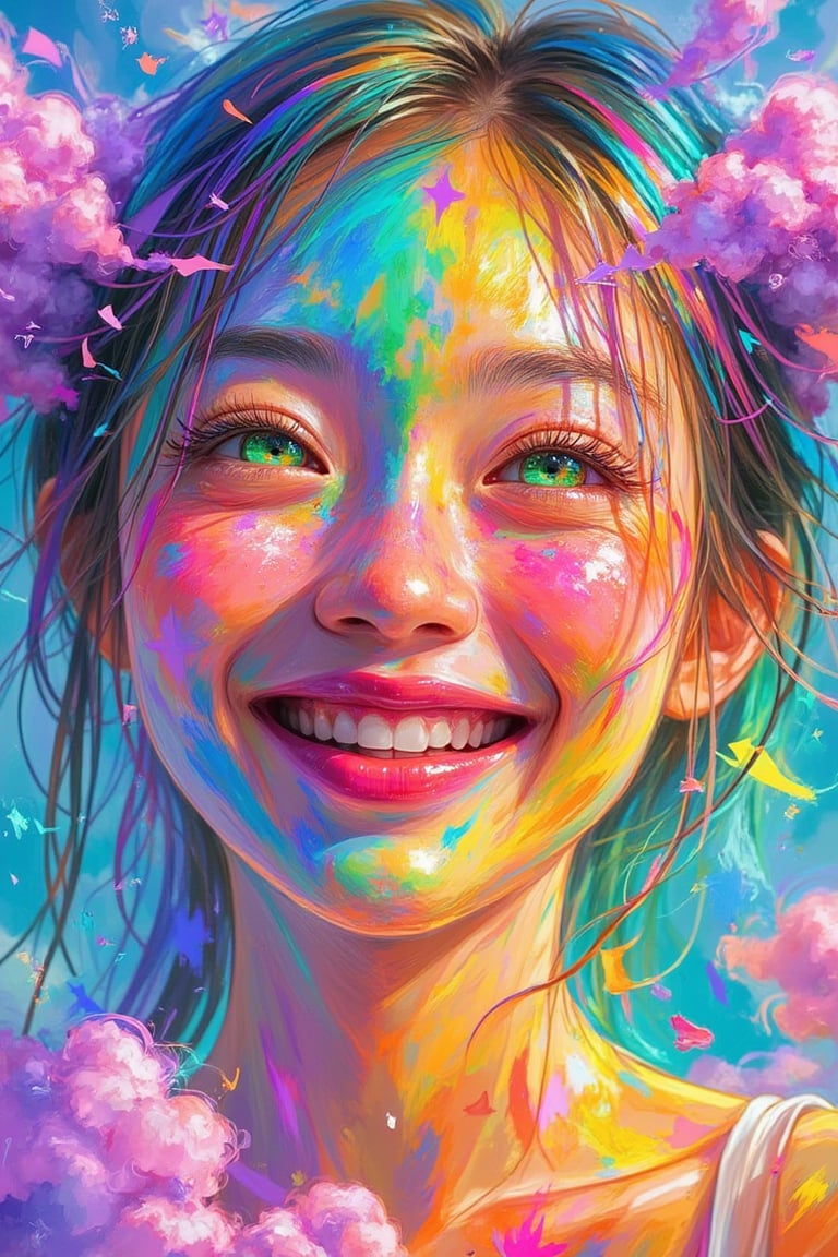 A vibrant 3D rendering of a face with a kaleidoscope of colors swirling across the features, like a whirlwind of rainbow hues. The subject's eyes sparkle with bright green, surrounded by warm orange and yellow. Pinkish-red lips curve into a cheerful smile, as if beckoning us to join in the colorful celebration. Against a bright blue background, the face is framed by wispy purple clouds, adding an air of whimsy to this mesmerizing 3D portrait.