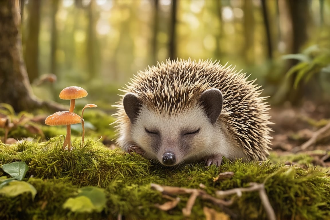 Soft focus captures the serene scene of a sleeping hedgehog nestled among plush moss and leaves, its spines gently curved as it rests. Tiny fungi sprout from the forest floor, their caps a subtle contrast to the verdant surroundings. Warm golden light filters through the canopy above, casting dappled shadows on the forest floor. The camera's gaze is drawn to the hedgehog's tranquil form, its tiny paws tucked in and eyes closed as it basks in the peaceful woodland atmosphere.