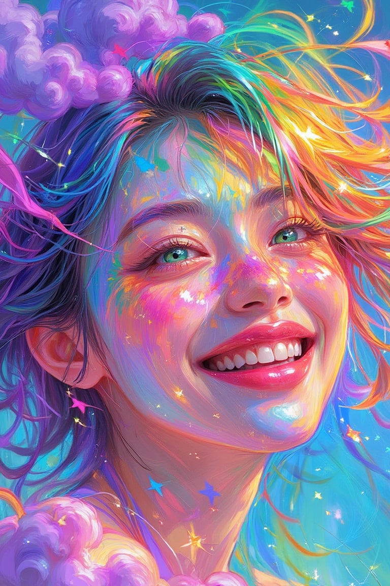 A vibrant 3D rendering of a face with a kaleidoscope of colors swirling across the features, like a whirlwind of rainbow hues. The subject's eyes sparkle with bright green, surrounded by warm orange and yellow. Pinkish-red lips curve into a cheerful smile, as if beckoning us to join in the colorful celebration. Against a bright blue background, the face is framed by wispy purple clouds, adding an air of whimsy to this mesmerizing 3D portrait.