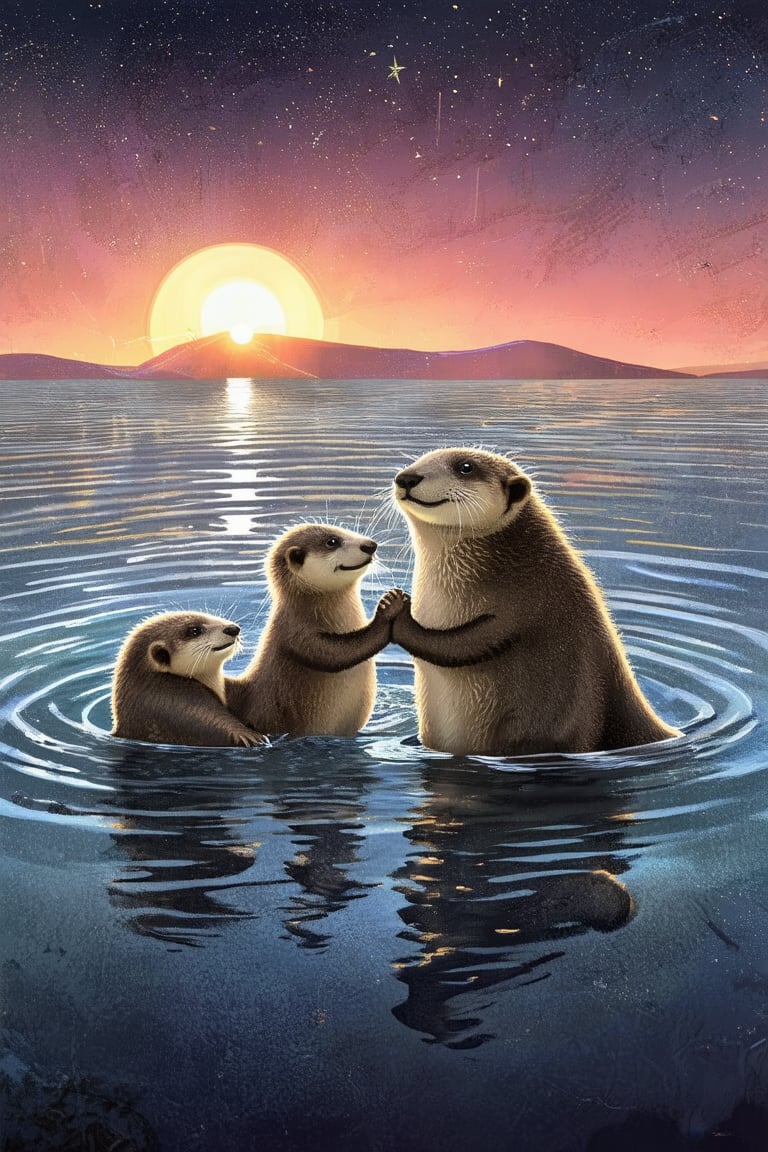 A family of otters holding hands while floating on their backs in a calm, crystal-clear river, with the sun setting in the background.