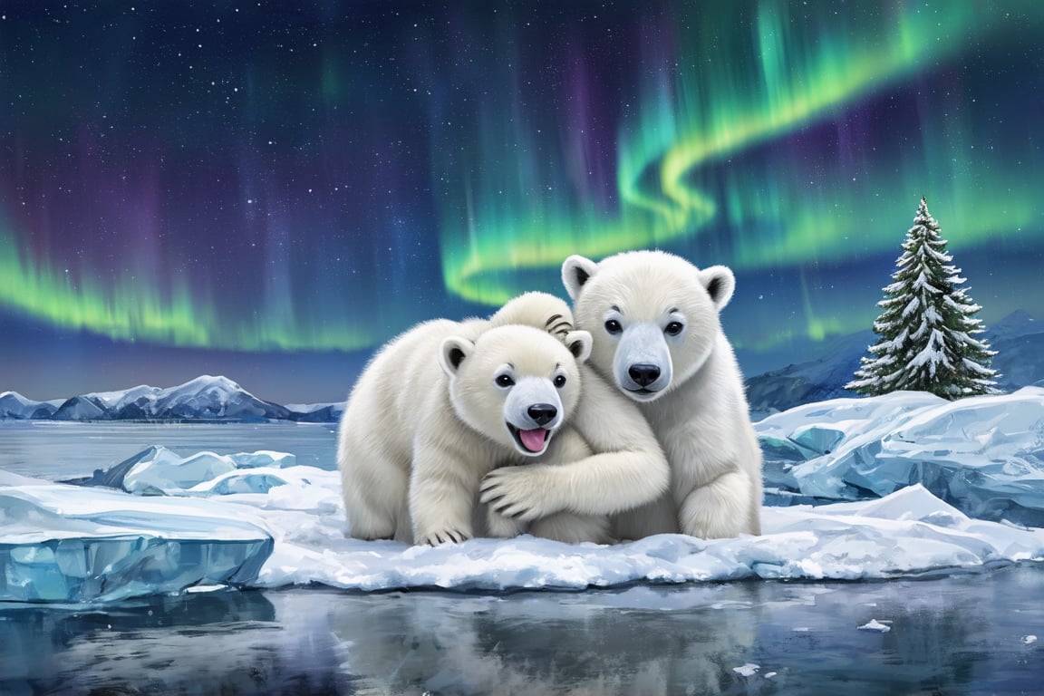 A serene winter scene unfolds as two adorable polar bear cubs engage in a playful wrestle on a blanket of fresh powder snow. The aurora borealis gently flickers above, casting an ethereal glow across the darkened landscape. Framed by towering ice floes and majestic evergreens, the bears' furry forms stand out against the starry night sky, their joyous laughter and snuggles a warm respite from the crisp Arctic air.