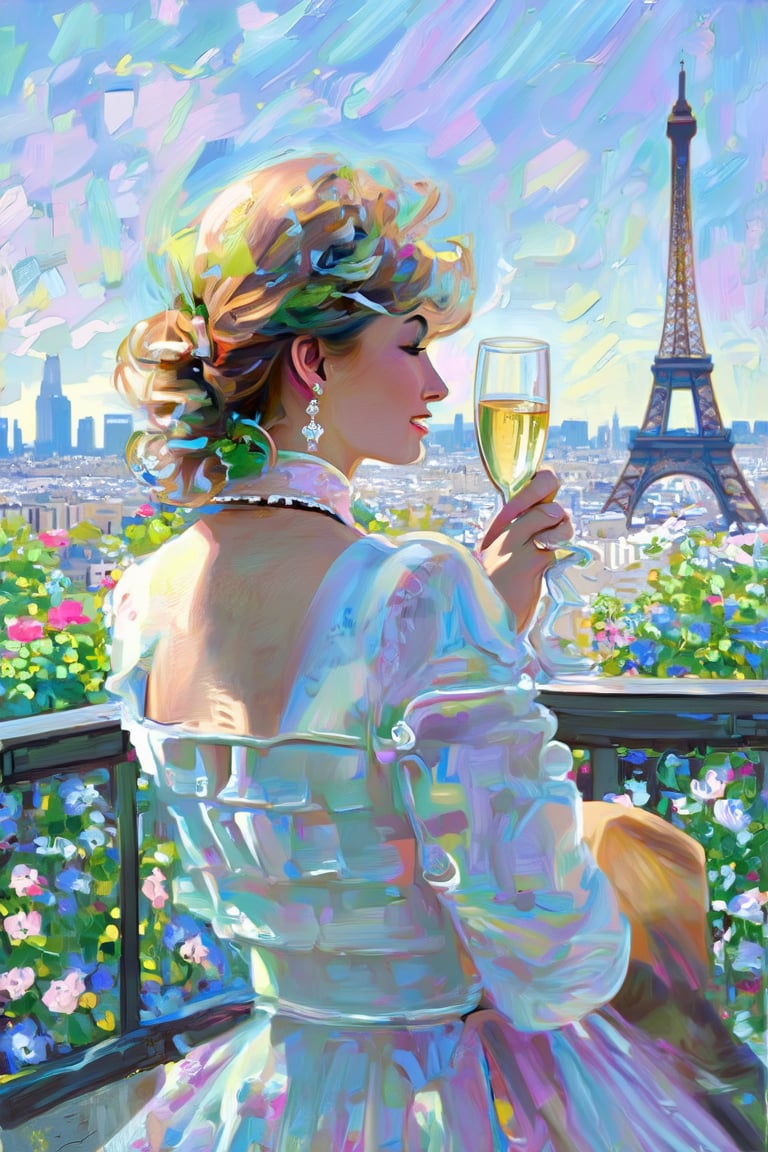 score_9,score_8_up,score_7_up, chiaroscuro painting, solo, 1woman, drinking champagne cup, from_back, standing, front of viewer, on a balcony, paris in the background, newhorrorfantasy_style, rating_safe.Coquette aesthetic,Claude Monet,pastel brushstrokes