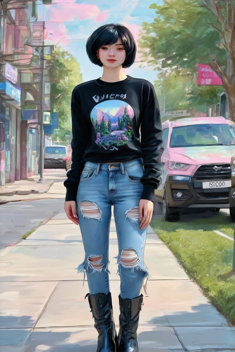 a young woman with short dark hair and a casual, edgy style stands on a sidewalk. She is wearing a black long-sleeve shirt with a graphic print and ripped blue jeans. Her outfit is completed with black boots. The background features a street lined with parked cars and trees, suggesting an urban environment. The lighting and colors in the image give it a soft, pastel-like quality..Claude Monet,pastel brushstrokes,Coquette aesthetic