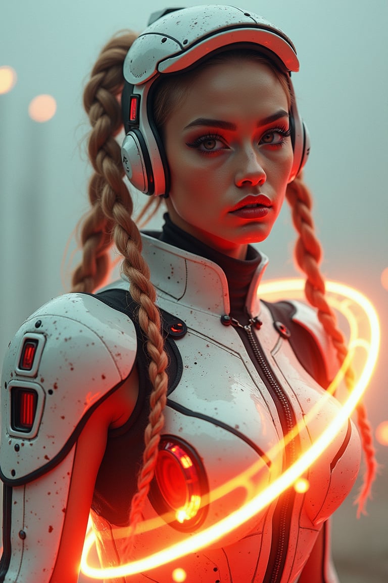 A captivating and vivid portrayal of a young alluring female cyber soldier in a cyberpunk-inspired world, where fashion meets futuristic aesthetics. The woman has bright, braided hair styled into pigtails, contrasting with her intricate white and red armor that showcases battle scars. Advanced bio-organics glow on her shoulder, highlighting the integration of technology into her being. Her face remains hidden beneath a sleek helmet, exuding a blend of mystique and intimidation. Wielding a plasma whip that emits intense flames, she embodies power, grace, and unwavering determination. Her bold lips, sharp facial expressions, and muscular arms reveal her depth, strength, and resilience. The muted background emphasizes her features and design, creating a mesmerizing cyberpunk masterpiece that showcases the perfect fusion of style, cinematic