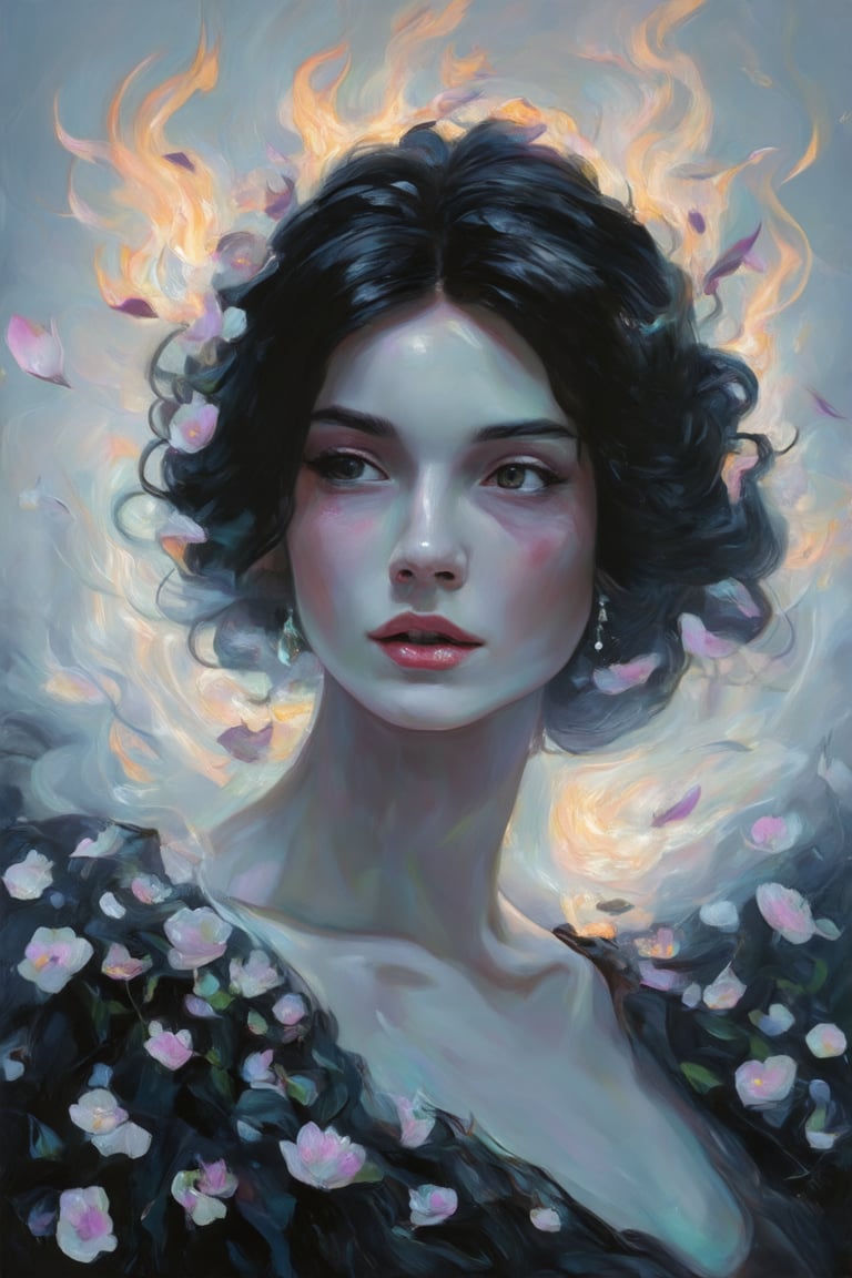 A dreamy portrait of a woman emerges from a swirling vortex of black and white smoke, as if conjured by the ethereal dance of embers. Her features are shrouded in mystery, with delicate petals of surrealistic flowers floating around her head like wisps of thought. The composition is set against a soft, faizian haze, with warm lighting that casts a mesmerizing glow on her enigmatic face.,Coquette aesthetic,Claude Monet,pastel brushstrokes