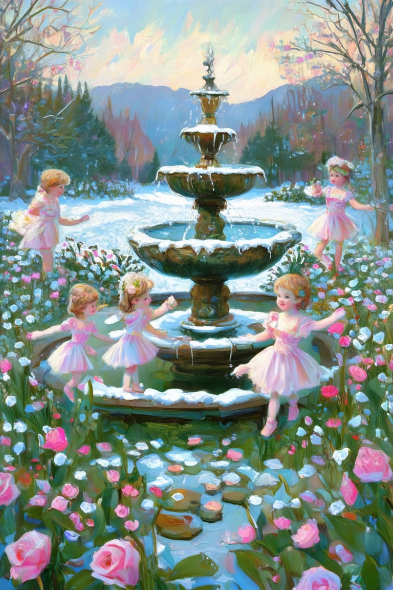 ierre-Auguste Renoir, delicate ethereal painting of a group of nymphs playing in a garden fountain in a beautiful garden of snowy scenery with rose,Coquette aesthetic,Claude Monet,pastel brushstrokes