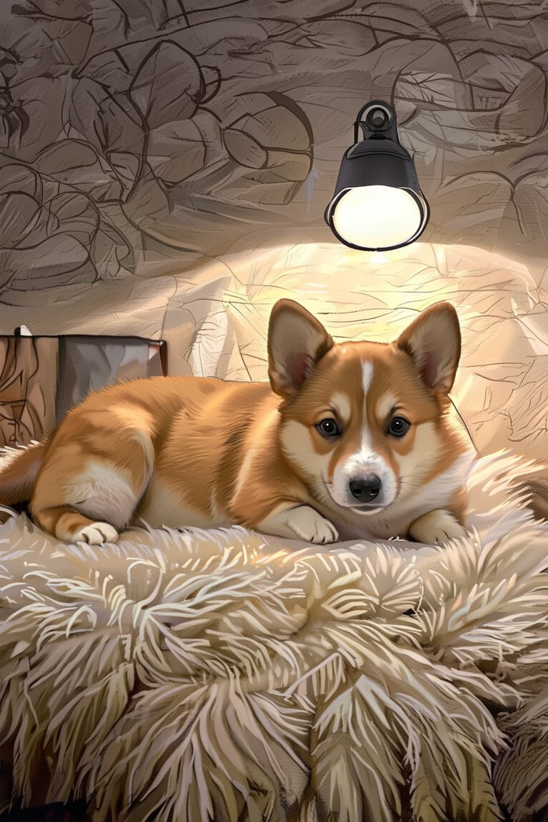 A chubby corgi puppy napping on a soft, fluffy blanket, with a warm glow from a nearby lamp creating a serene atmosphere.