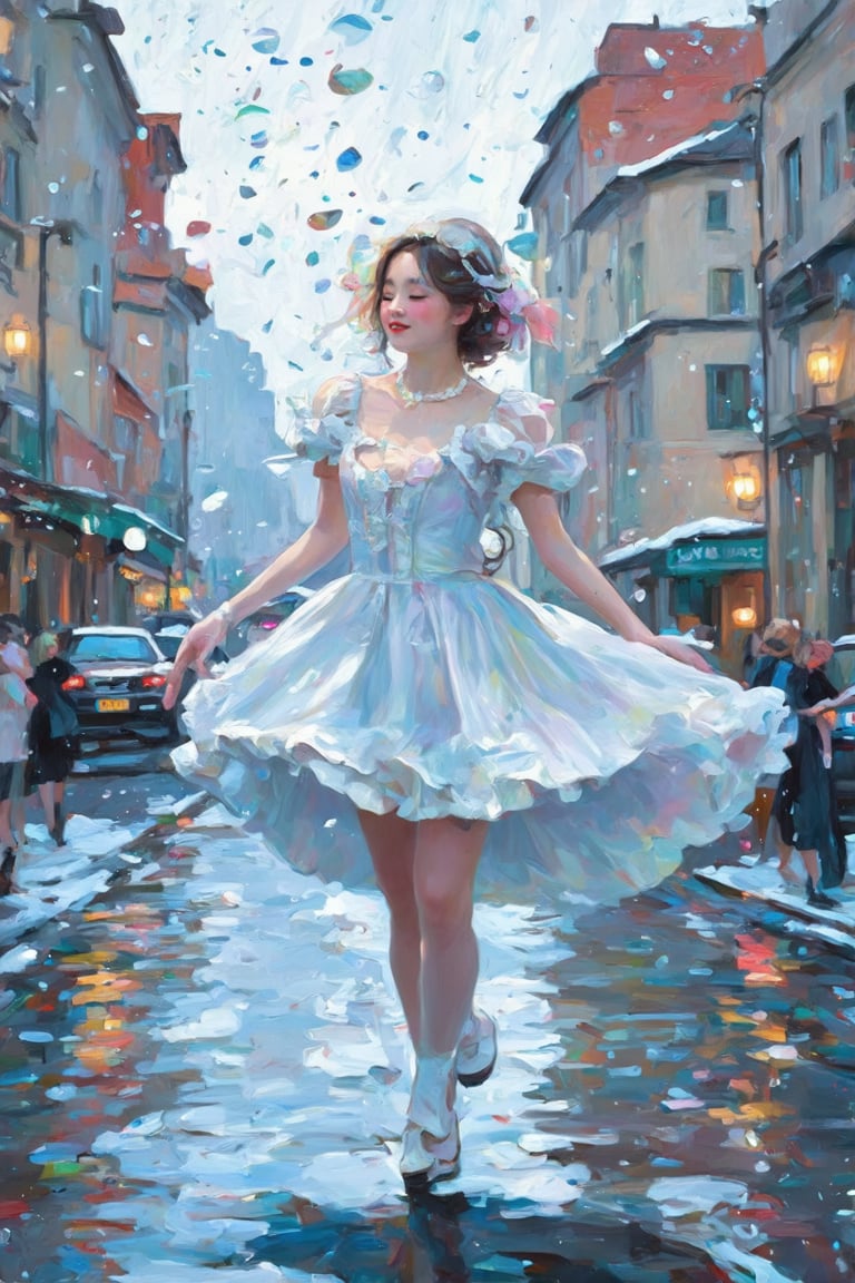 (solo girl.)(Skirt Sprinkled with Oil Paint)(the white street and girl contrasted with the vibrant oil paint raindrops.) Colorful oil paint raindrops falling from the sky. a snow-white street scene with a minimalist background. Pure white streets, pure white streetscapes. (A girl in a pure white dress dances in the rain, with splashes of colorful oil paint landing on her. )Her dance is elegant and dramatic, with a captivating, cute face, eyes closed, and smiling as she twirls. She has porcelain skin and light-colored hair, her nearly all-white appearance beautifully contrasted by the vibrant oil paint raindrops. beautiful girl in a fusion of Lolita and Victorian styles, with all-white clothing and all-white accessories. White skin, like a white porcelain doll. Exaggerated and dramatic movements. in the style of Nicola Samori. (by james jean $, roby dwi antono $, ross tran $. francis bacon $, michal mraz $, adrian ghenie $, petra cortright $, gerhard richter $, takato yamamoto $, ashley wood $),post-Impressionist,perfect light,FFIXBG,fancy light,Coquette aesthetic,Claude Monet,pastel brushstrokes