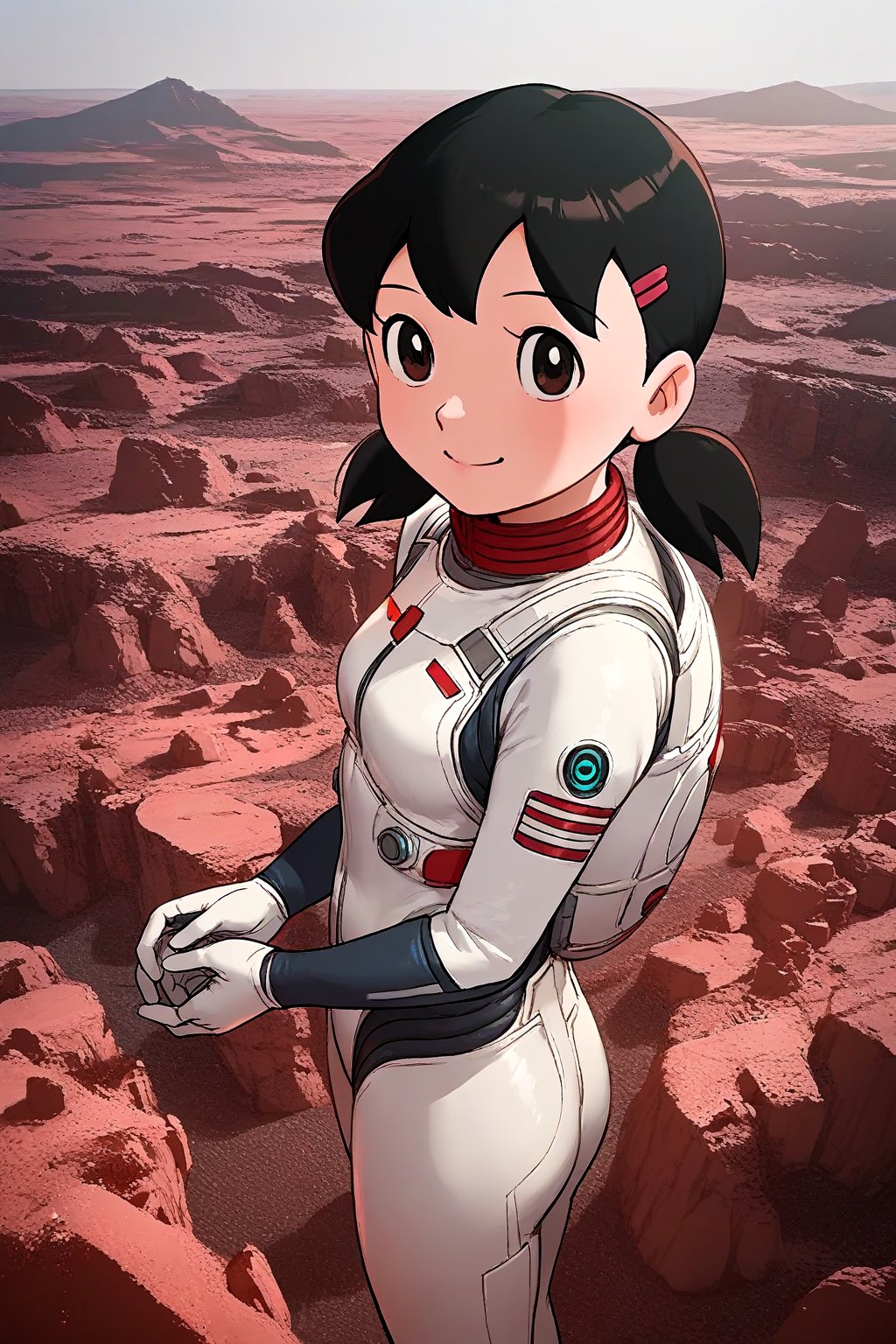 1girl,score_9, score_8_up, score_7_up, score_6_up,score_5_up, score_4_up, source_anime, anime coloring, minamoto shizuka, low twintails, black hair, 1girl, solo, smile, Girl in a spacesuit stepping onto the surface of Mars, Earth visible in the distance, vast red landscape, futuristic colony in the background, sense of wonder and exploration, epic sci-fi scene, hyper-realistic detail