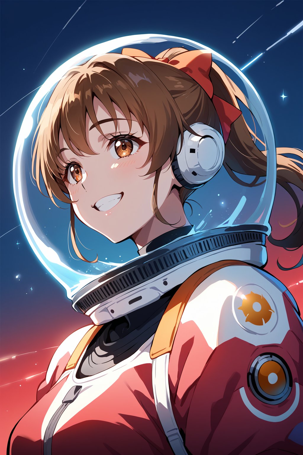 1girl,score_9, score_8_up, score_7_up, score_6_up,score_5_up, score_4_up, source_anime, anime coloring, sunohara shizuka, 1girl, solo, brown hair, brown eyes, ponytail, hair bow, smile, Girl in a spacesuit stepping onto the surface of Mars, Earth visible in the distance, vast red landscape, futuristic colony in the background, sense of wonder and exploration, epic sci-fi scene, hyper-realistic detail