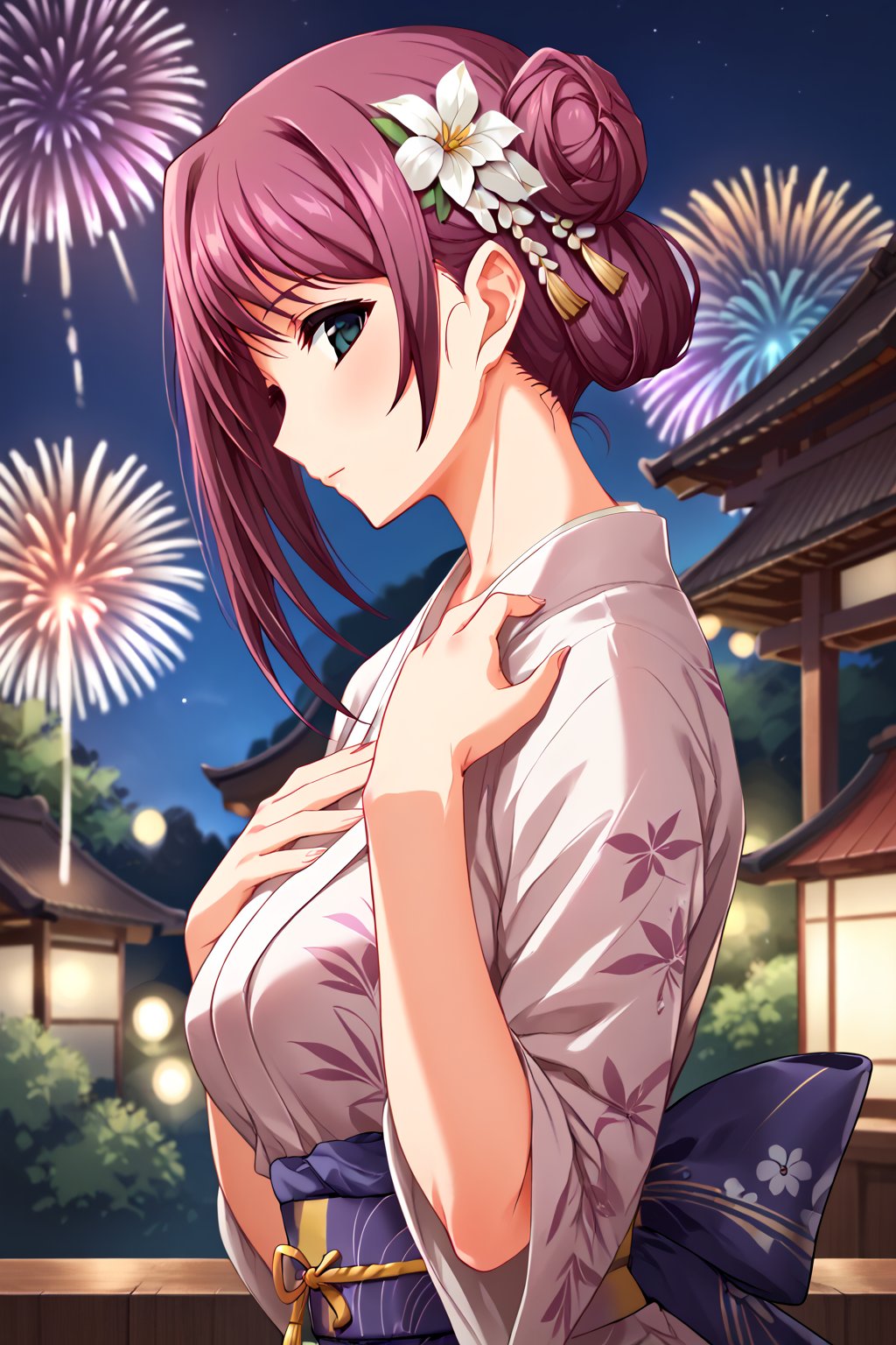 score_9, score_8_up, score_7_up, score_6_up, score_5_up, score_4_up, source_anime, nijigaya hisane, purple hair,

1girl, japanese clothes, fireworks, solo, hair flower,floral print, looking at viewer, blush, night, upper body, print yukata, aerial fireworks, outdoors, sky, from side, night sky, blurry, sash, white flower, obi, closed mouth, blurry background, profile, looking back, hand up, sidelocks, black eyes, looking to the side, hair bun, hand on own chest,

masterpiece, perfect face, best quality, beautiful girl, (blurry background), cute girl, beautiful eyes, shiny eyes, absurdres, anime coloring, official art, award winning,