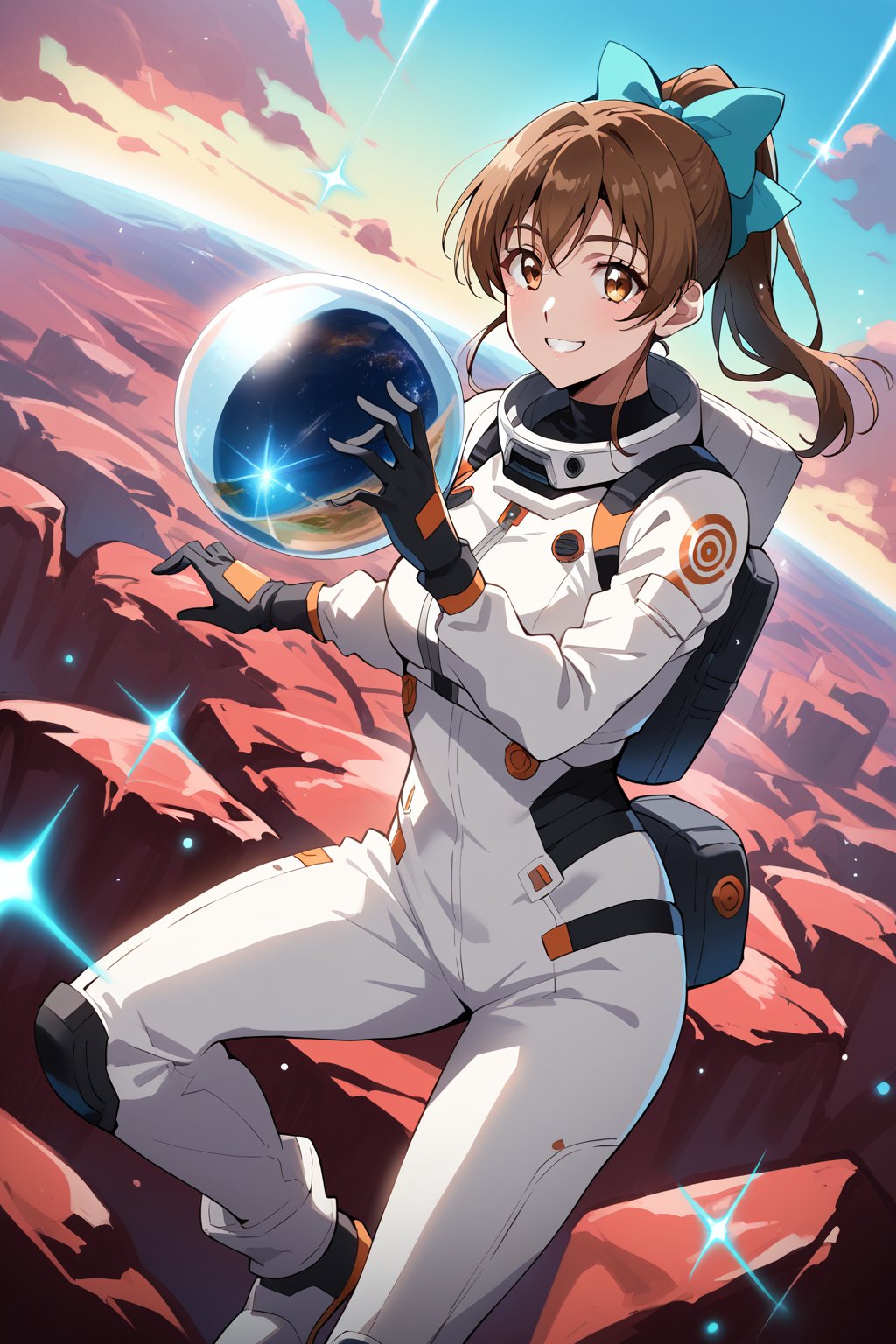 1girl,score_9, score_8_up, score_7_up, score_6_up,score_5_up, score_4_up, source_anime, anime coloring, sunohara shizuka, 1girl, solo, brown hair, brown eyes, ponytail, hair bow, smile, Girl in a spacesuit stepping onto the surface of Mars, Earth visible in the distance, vast red landscape, futuristic colony in the background, sense of wonder and exploration, epic sci-fi scene, hyper-realistic detail