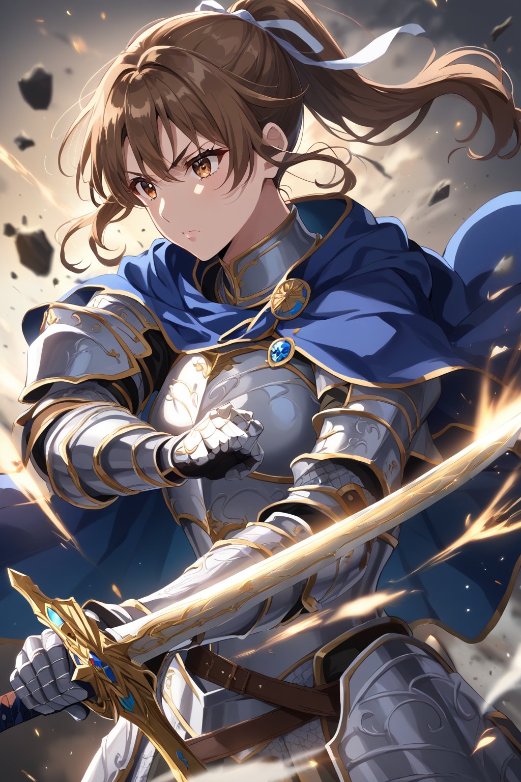 score_9, score_8_up, score_7_up, source_anime, masterpiece, high detailed,very aesthetic, sunohara shizuka, 1girl, brown hair, brown eyes, ponytail, white ribbon, detailed gorgeous eyes, perfect face, detailed face, 1girl, female knight, detailed armor, silver armor, blue cape flowing, dynamic action pose, holding sword, hand on sword hilt, intense expression, determined eyes, battlefield, clashing swords, dramatic lighting, epic battle, dust and debris, high contrast, cinematic angle, 2/3 shot