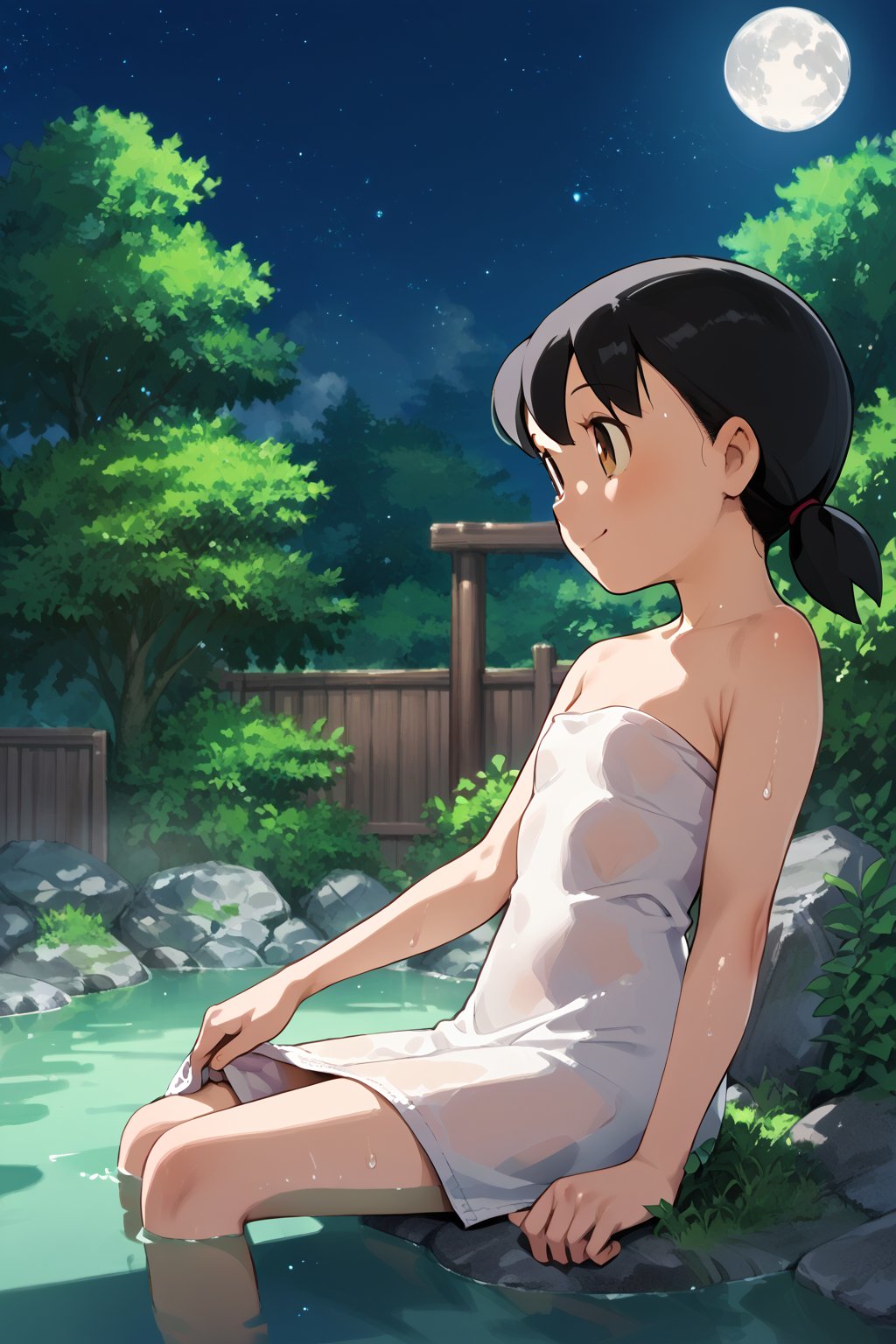 score_9, score_8_up, score_7_up, score_6_up, score_5_up, score_4_up, source_anime, anime coloring, minamoto shizuka, (soak:1.5), hot spa, fantasy, (nature:1.3), (moon:1.5), rock, fog, 1girl, solo, smile, towel, flat illustration, close-up, masterpiece, best-quality, highest-definition, ultra-detailed, high-resolution, intricate, cinematic lighting