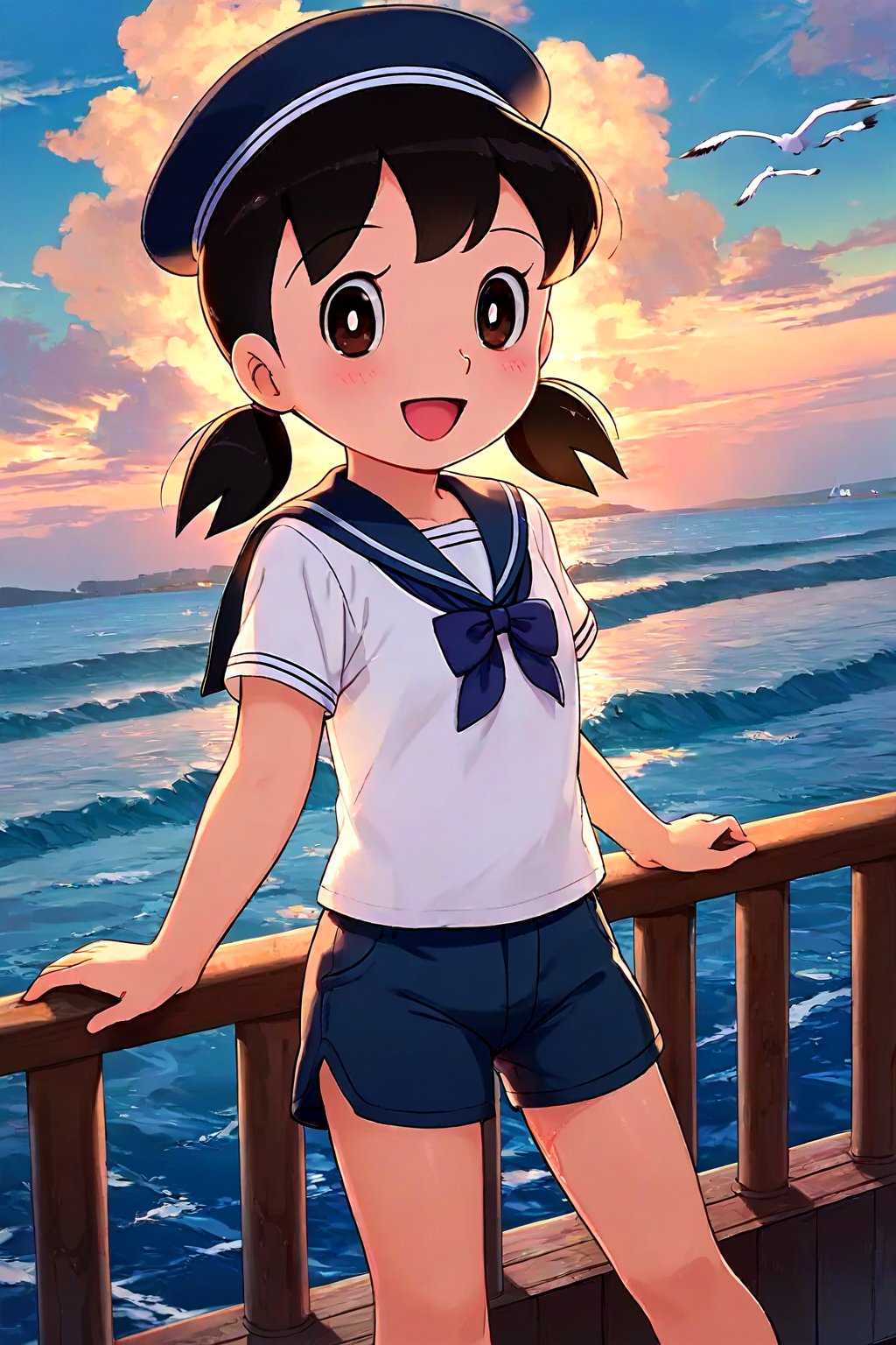 safe_pos, score_9, score_8_up, score_7_up, source masterpiece, very detailed facial features, incredibly detailed, r mood lighting, cinematic lighting, volumetric lighting, 1girl, solo, minamoto shizuka, 1girl, solo, outdoors, sailor collar, ocean, shorts, smile, bird, day, seagull, open mouth, shirt, brown eyes, black hair, sky, cloud, white shirt, short sleeves, railing, :d, blue sky, blush, water, short twintails, dutch angle, blue shorts, low twintails, sailor hat, blue sailor collar, aqua shorts, standing, on ship, open ocean,