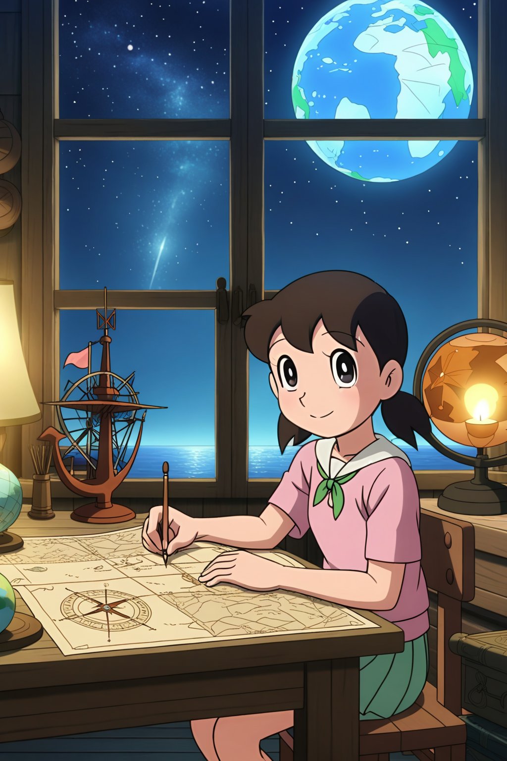 (masterpiece), best quality, expressive eyes, perfect face, anime coloring, 
minamoto shizuka, smile, Teenage girl navigator studying ancient maps in a grand ship's cabin, surrounded by nautical instruments, glowing globe, and exotic artifacts, warm candlelight, tall windows showing a starry night sky and phosphorescent sea, sense of adventure and discovery