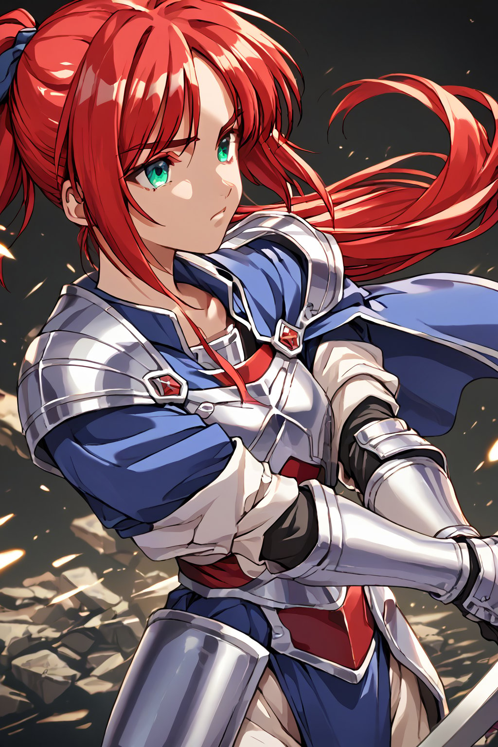 score_9, score_8_up, score_7_up, source_anime, masterpiece, high detailed,very aesthetic, ogata shizuka, red hair, 1girl, aqua eyes, ponytail, detailed gorgeous eyes, perfect face, detailed face, 1girl, female knight, detailed armor, silver armor, blue cape flowing, dynamic action pose, holding sword, hand on sword hilt, intense expression, determined eyes, battlefield, clashing swords, dramatic lighting, epic battle, dust and debris, high contrast, cinematic angle, 2/3 shot