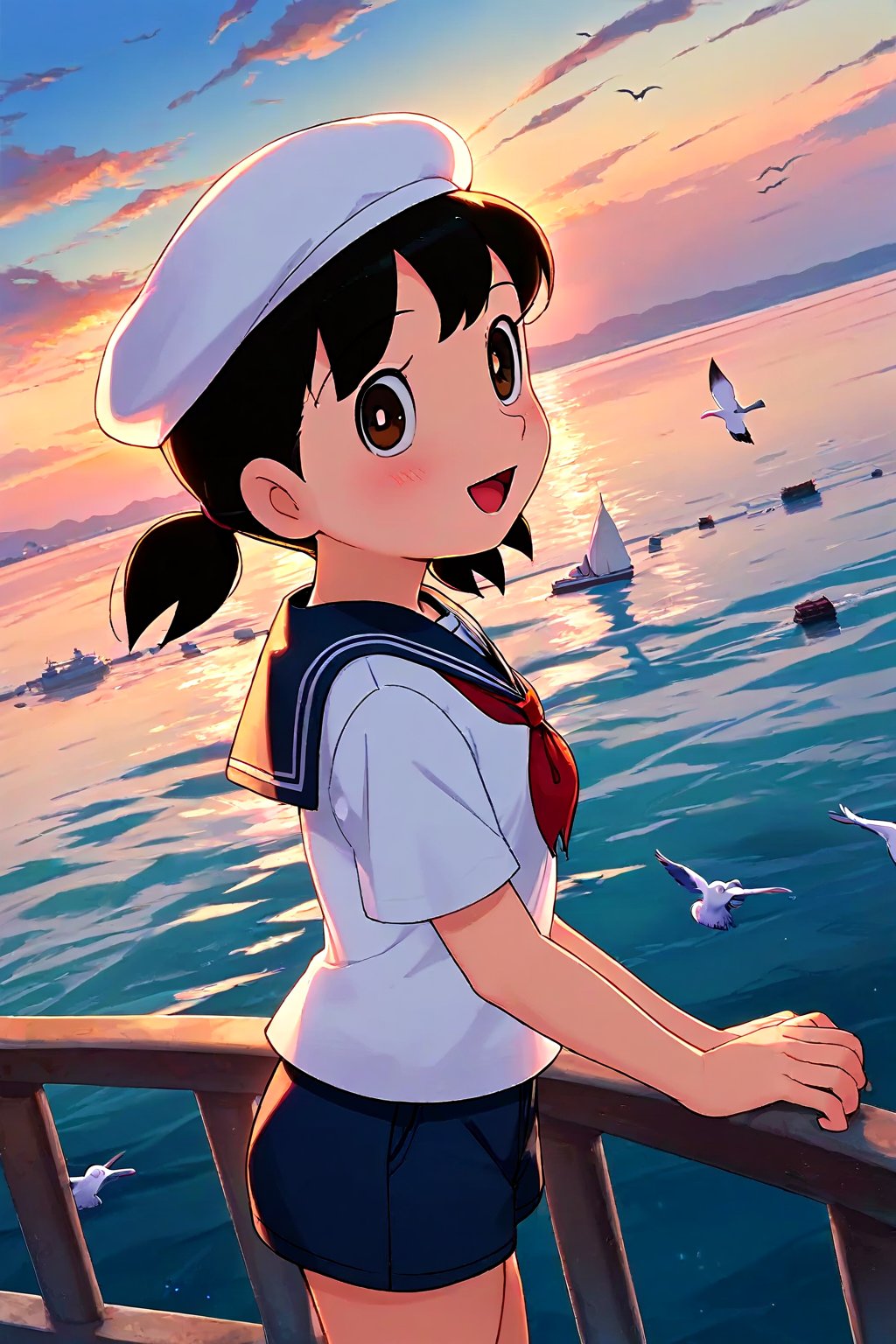 safe_pos, score_9, score_8_up, score_7_up, source masterpiece, very detailed facial features, incredibly detailed, r mood lighting, cinematic lighting, volumetric lighting, 1girl, solo, minamoto shizuka, 1girl, solo, outdoors, sailor collar, ocean, shorts, smile, bird, day, seagull, open mouth, shirt, brown eyes, black hair, sky, cloud, white shirt, short sleeves, railing, :d, blue sky, blush, water, short twintails, dutch angle, blue shorts, low twintails, sailor hat, blue sailor collar, aqua shorts, standing,