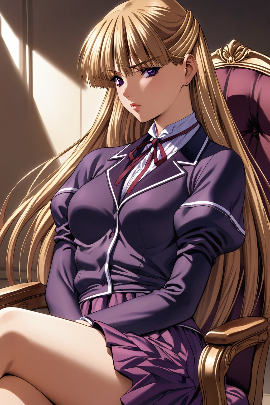 high detailed,very aesthetic, kanzaki asuka,1girl, solo, long hair, skirt, blonde hair, purple eyes, jewelry, sitting, lips, chair, crossed legs,