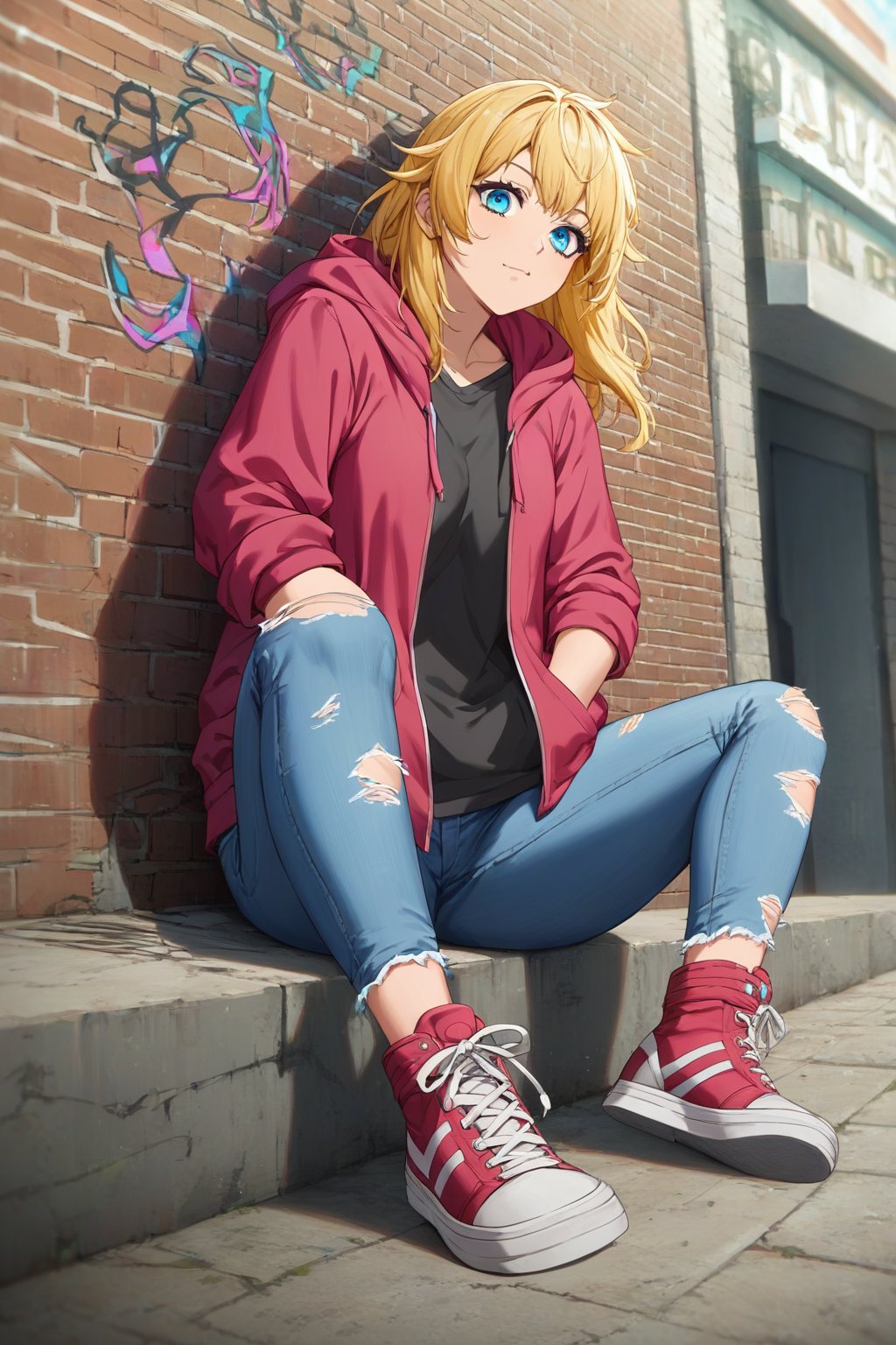 score_9, score_8_up, score_7_up, source_anime, masterpiece, high detailed,very aesthetic, ritto, 1girl, blonde hair, blue eyes, detailed gorgeous eyes, perfect face, detailed face, street-style girl, sitting, confident pose, under bridge, graffiti art, urban setting, hoodie, ripped jeans, sneakers, vibrant colors, expressive graffiti, shadows, natural lighting, BREAK, relaxed expression, hands in pockets, cool demeanor, wind-blown hair, cinematic, dusk, from_below,