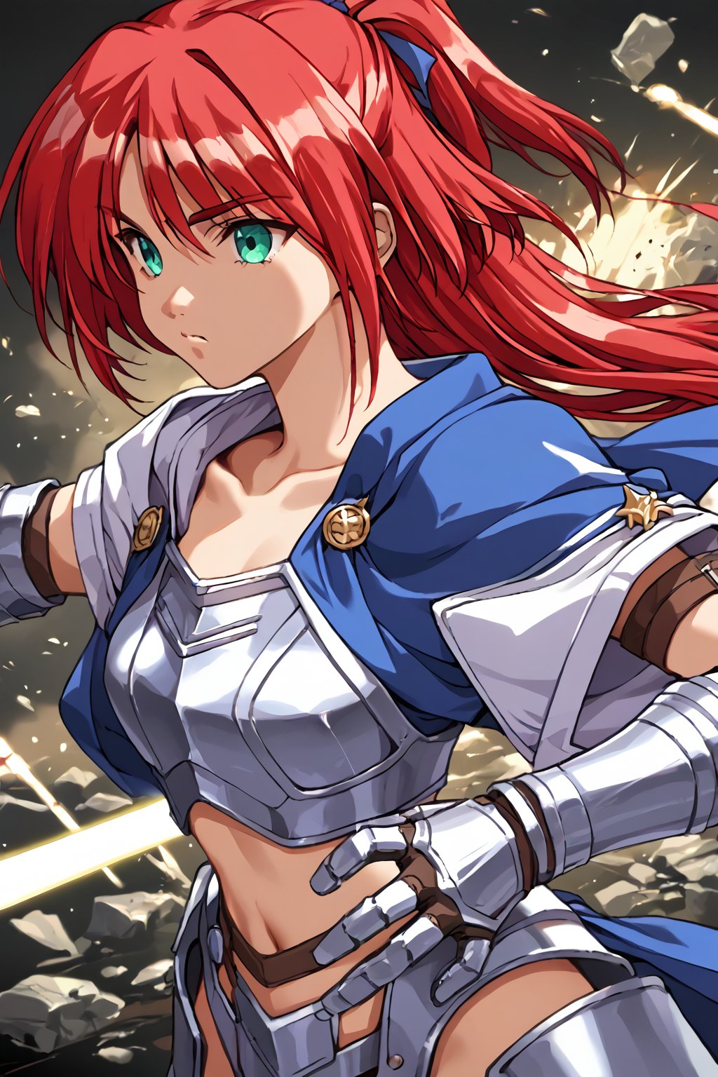 score_9, score_8_up, score_7_up, source_anime, masterpiece, high detailed,very aesthetic, ogata shizuka, red hair, 1girl, aqua eyes, ponytail, detailed gorgeous eyes, perfect face, detailed face, 1girl, female knight, detailed armor, silver armor, blue cape flowing, dynamic action pose, holding sword, hand on sword hilt, intense expression, determined eyes, battlefield, clashing swords, dramatic lighting, epic battle, dust and debris, high contrast, cinematic angle, 2/3 shot