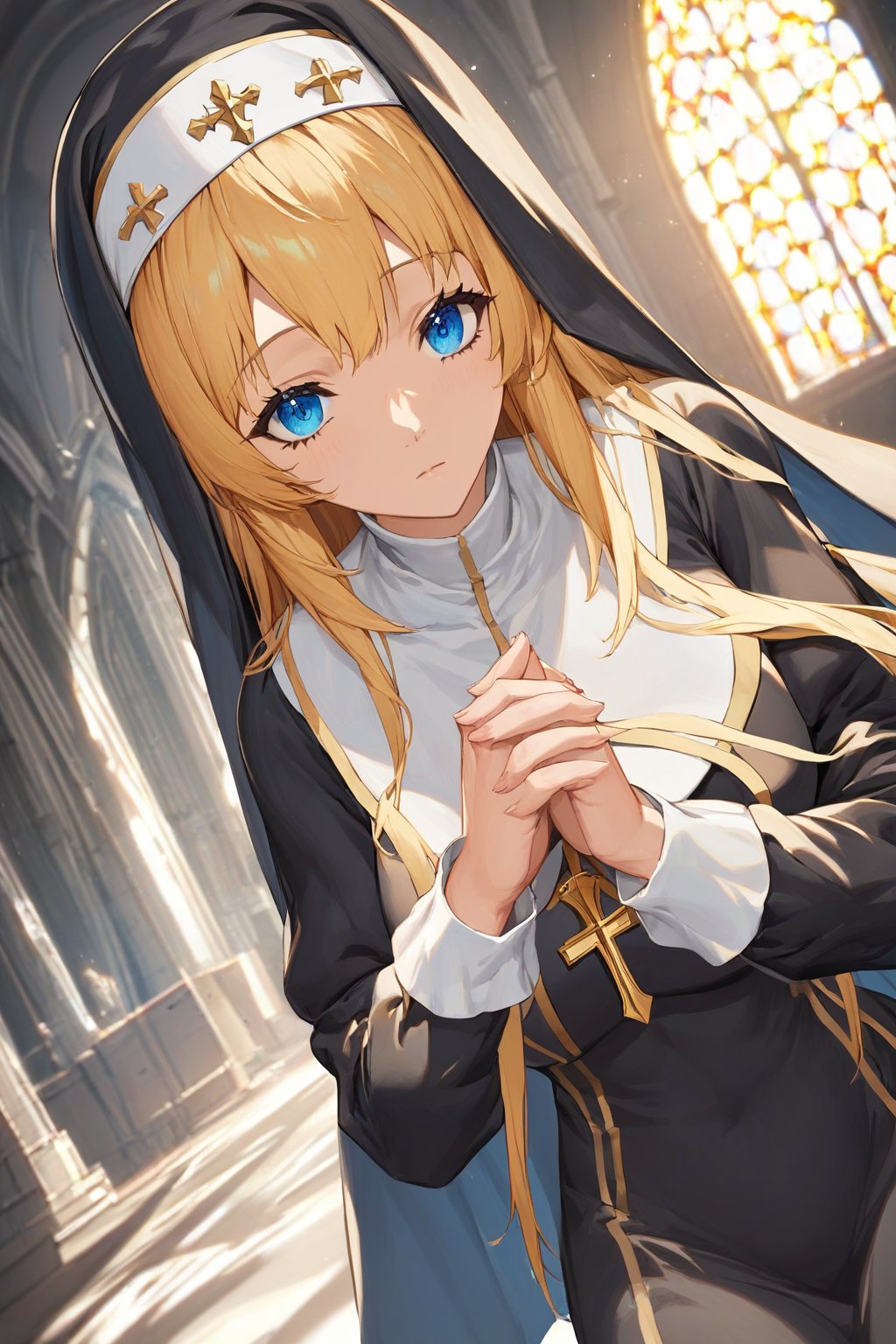 score_9, score_8_up, score_7_up, source_anime, masterpiece, high detailed,very aesthetic, ritto, 1girl, blonde hair, blue eyes, detailed gorgeous eyes, perfect face, detailed face, pray in the church, detailed background, nun clothes, dutch_angle, god rays, concept art,