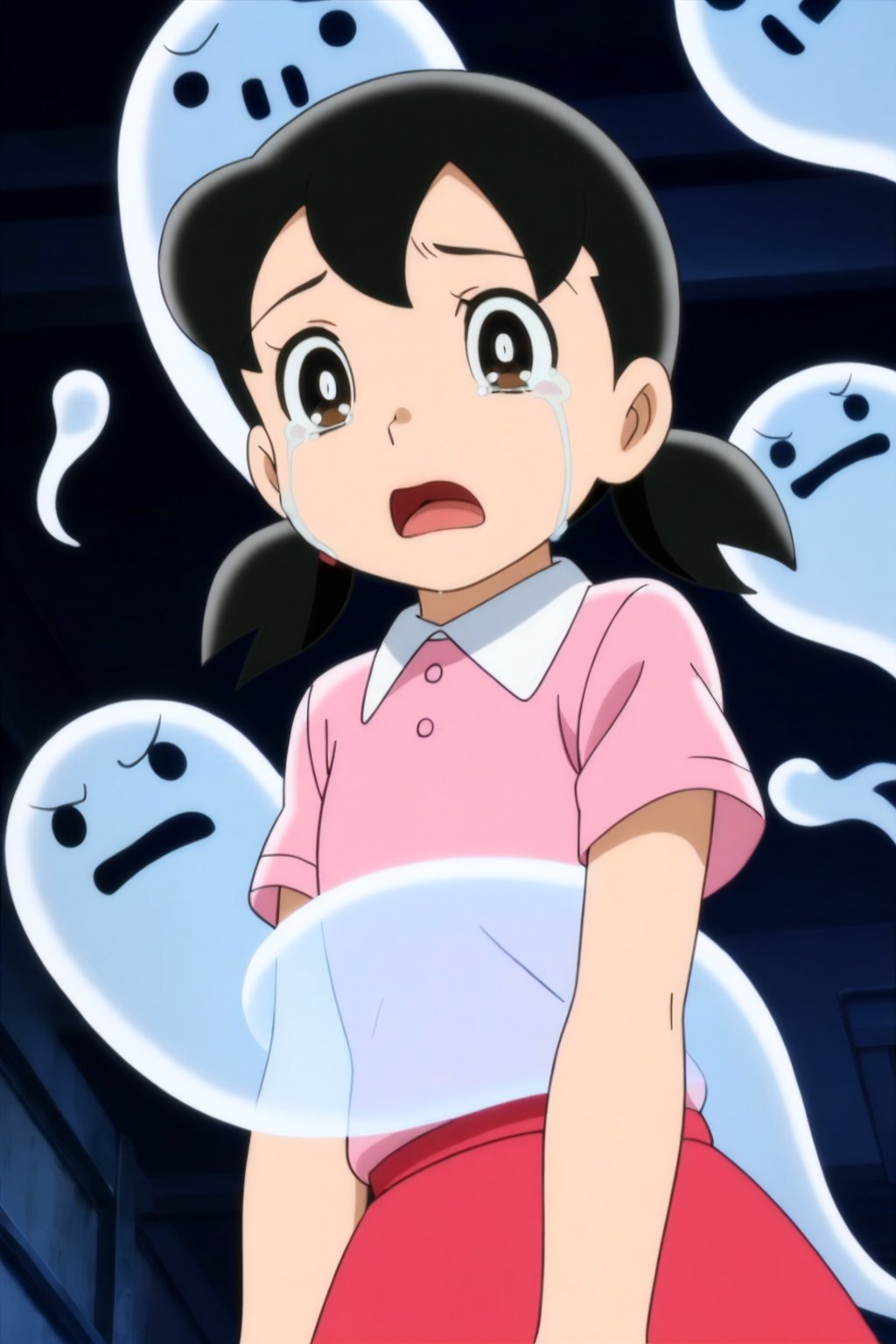 minamoto shizuka,

1girl, brown eyes, twintails, black hair, tears, skirt, shirt, open mouth, crying, short sleeves, red skirt, short twintails, pink shirt, scared, crying with eyes open, child, short hair, collared shirt, looking at viewer, anime coloring, low twintails,, ghost,

masterpiece, best quality, cute girl, beautiful girl, perfect body, perfect face, shiny eyes,