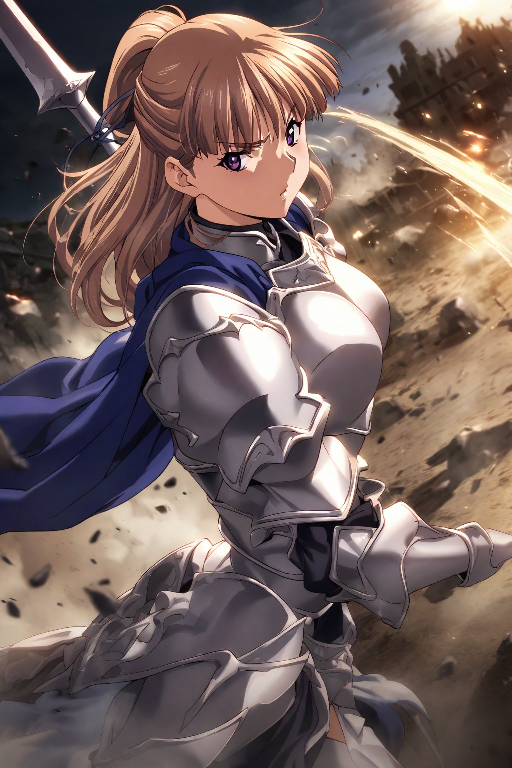 anime coloring, masterpiece, best quality,absurdres, kanzaki asuka, half updo, high detailed,very aesthetic, 1girl, detailed gorgeous eyes, perfect face, detailed face, 1girl, female knight, detailed armor, silver armor, blue cape flowing, dynamic action pose, intense expression, determined eyes, battlefield, dramatic lighting, epic battle, dust and debris, high contrast, cinematic angle, 2/3 shot
