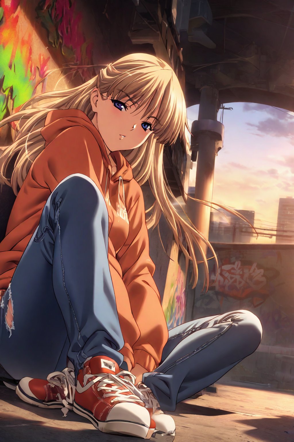 high detailed,very aesthetic, kanzaki asuka, 1girl, blonde hair, blue eyes, detailed gorgeous eyes, perfect face, detailed face, street-style girl, sitting, confident pose, under bridge, graffiti art, urban setting, hoodie, ripped jeans, sneakers, vibrant colors, expressive graffiti, shadows, natural lighting, BREAK, relaxed expression, hands in pockets, cool demeanor, wind-blown hair, cinematic, dusk, from_below,