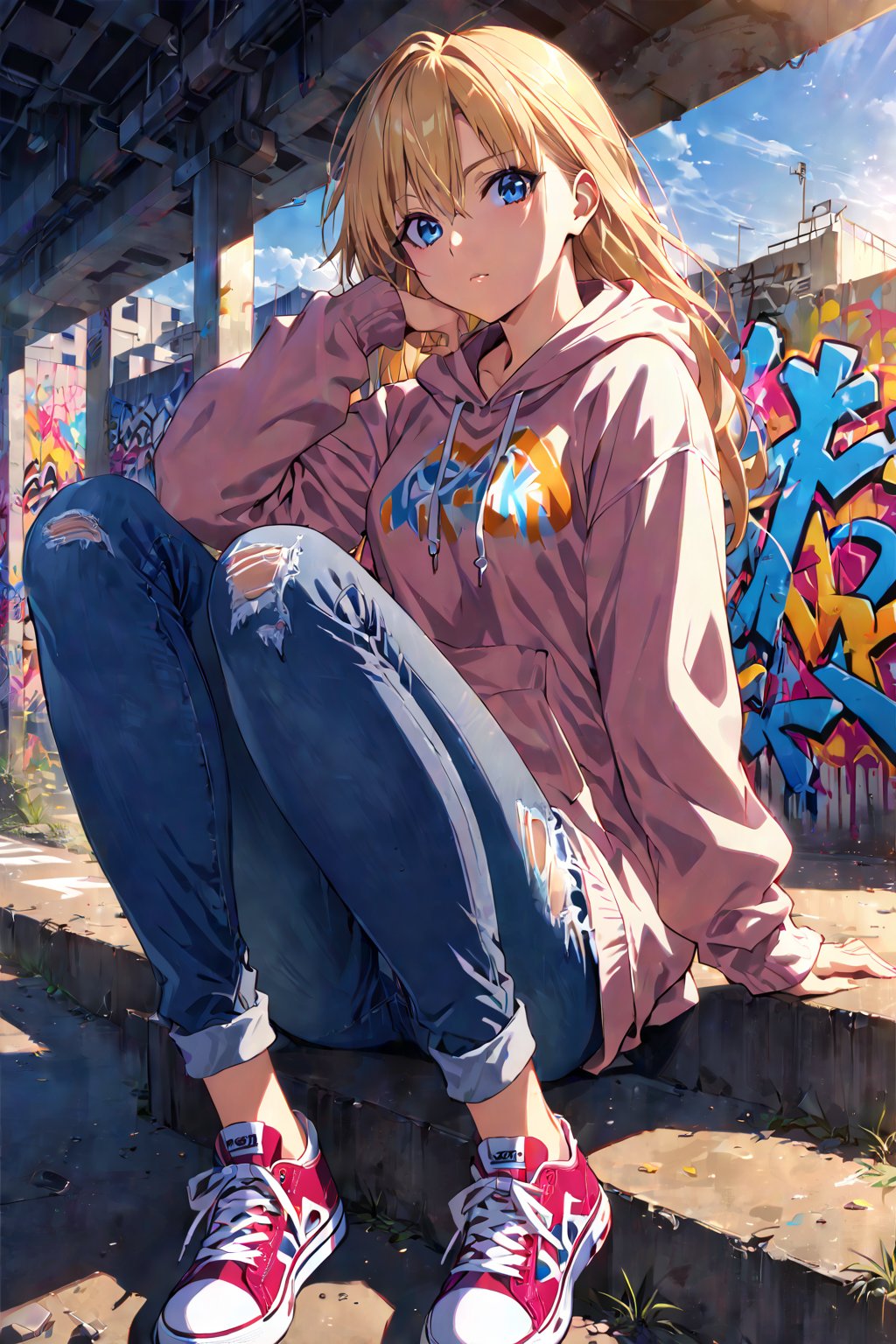 high detailed,very aesthetic, kanzaki asuka, 1girl, blonde hair, blue eyes, detailed gorgeous eyes, perfect face, detailed face, street-style girl, sitting, confident pose, under bridge, graffiti art, urban setting, hoodie, ripped jeans, sneakers, vibrant colors, expressive graffiti, shadows, natural lighting, BREAK, relaxed expression, hands in pockets, cool demeanor, wind-blown hair, cinematic, dusk, from_below,