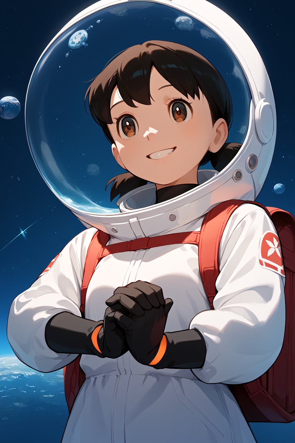 1girl,score_9, score_8_up, score_7_up, score_6_up,score_5_up, score_4_up, source_anime, anime coloring, minamoto shizuka, 1girl, solo, smile, Girl in a spacesuit stepping onto the surface of Mars, Earth visible in the distance, vast red landscape, futuristic colony in the background, sense of wonder and exploration, epic sci-fi scene, hyper-realistic detail