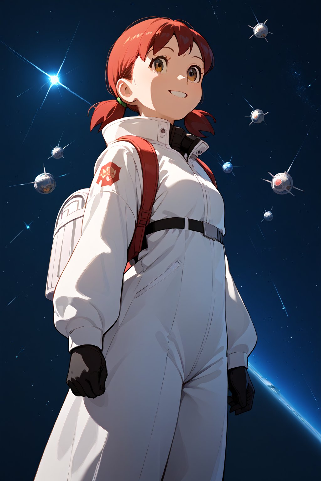 1girl,score_9, score_8_up, score_7_up, score_6_up,score_5_up, score_4_up, source_anime, anime coloring, minamoto shizuka, 1girl, solo, smile, Girl in a spacesuit stepping onto the surface of Mars, Earth visible in the distance, vast red landscape, futuristic colony in the background, sense of wonder and exploration, epic sci-fi scene, hyper-realistic detail