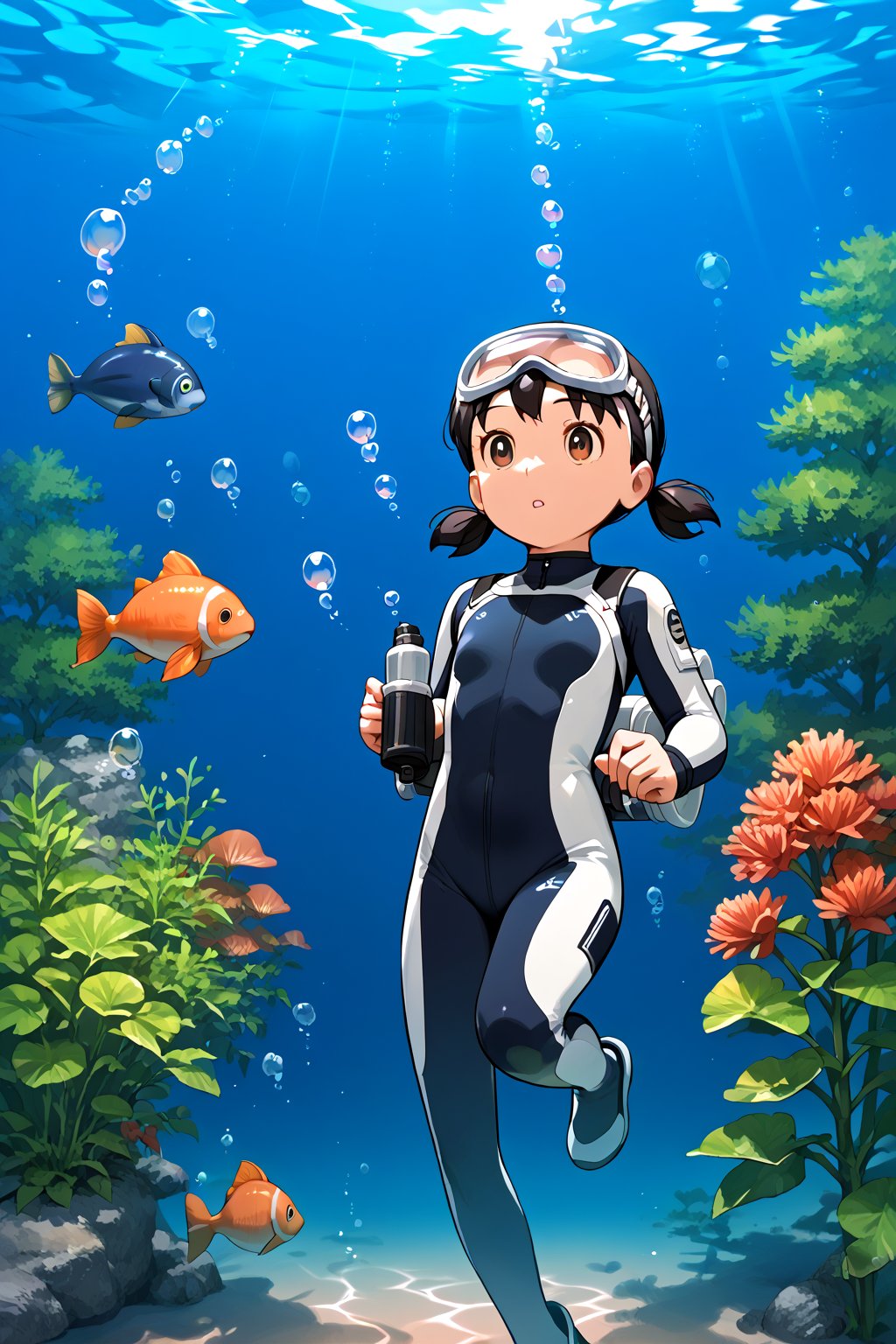 1girl,score_9, score_8_up, score_7_up, score_6_up,score_5_up, score_4_up, source_anime, anime coloring, high detailed,very aesthetic, minamoto shizuka,1girl, solo, goggles, diving suit, twintails, bubble, underwater, brown eyes, fish, diving mask, bodysuit, black hair, air bubble, wetsuit, goggles on head, short twintails, plant, randoseru, animal, :o, parted lips, diving, outdoors, short hair, high contrast lighting, masterpiece, best quality, award winning,