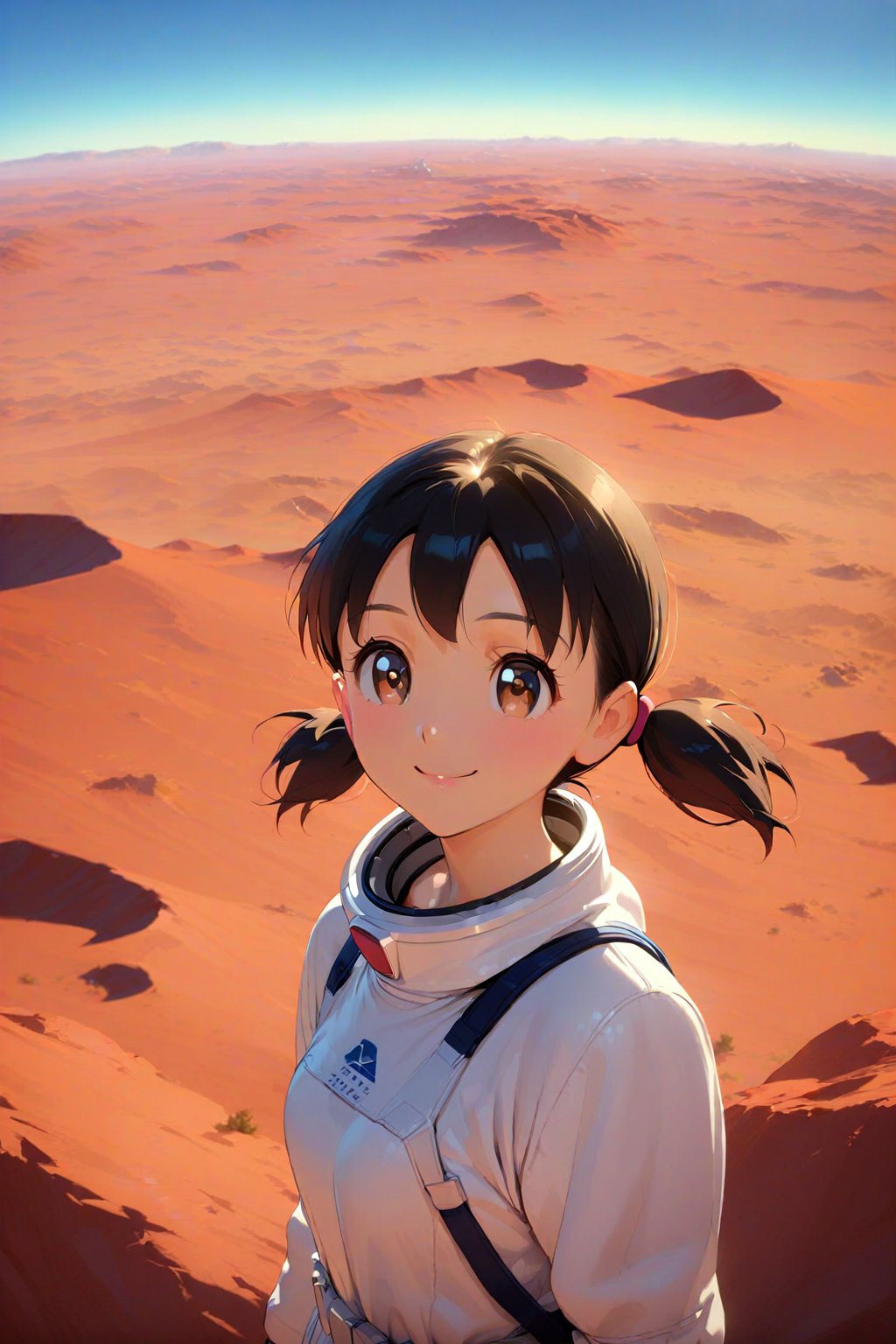 (masterpiece), best quality, expressive eyes, perfect face, anime coloring, 
((cowboy shot:1.2)), minamoto shizuka, 1girl. solo, twintails, smile, Girl in a spacesuit stepping onto the surface of Mars, Earth visible in the distance, vast red landscape, futuristic colony in the background, sense of wonder and exploration, epic sci-fi scene, hyper-realistic detail,