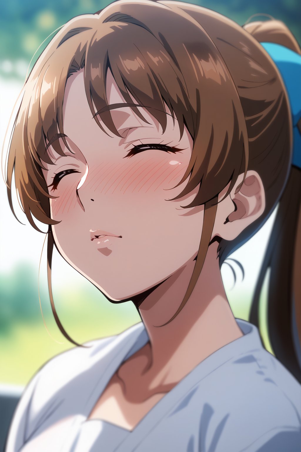 score_9, score_8_up, score_7_up, score_6_up, score_5_up, score_4_up, source_anime, sunohara shizuka,

1girl, solo, brown hair, brown eyes, ponytail, hair bow,closed mouth, blurry background, blurry, close-up, long hair, facing viewer, portrait, nose blush, shirt, white shirt, waiting for kiss, (closed eyes:1.2), upper body, parted lips, pov, looking up, facing to viewer,

depth of field, iasterpiece, best quality, cute girl, beautiful girl, perfect body, perfect face, shiny eyes,