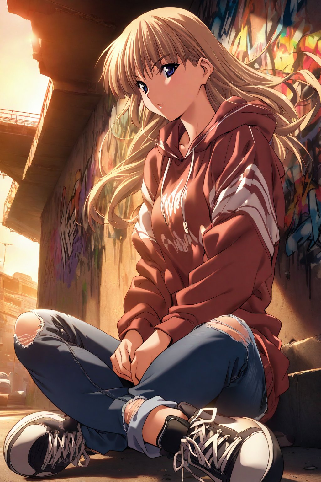 high detailed,very aesthetic, kanzaki asuka, 1girl, blonde hair, blue eyes, detailed gorgeous eyes, perfect face, detailed face, street-style girl, sitting, confident pose, under bridge, graffiti art, urban setting, hoodie, ripped jeans, sneakers, vibrant colors, expressive graffiti, shadows, natural lighting, BREAK, relaxed expression, hands in pockets, cool demeanor, wind-blown hair, cinematic, dusk, from_below,