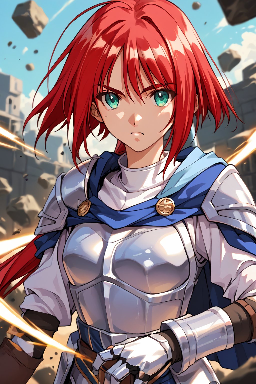 score_9, score_8_up, score_7_up, source_anime, masterpiece, high detailed,very aesthetic, ogata shizuka, red hair, 1girl, aqua eyes, ponytail, detailed gorgeous eyes, perfect face, detailed face, 1girl, female knight, detailed armor, silver armor, blue cape flowing, dynamic action pose, intense expression, determined eyes, battlefield, dramatic lighting, epic battle, dust and debris, high contrast, cinematic angle, 2/3 shot