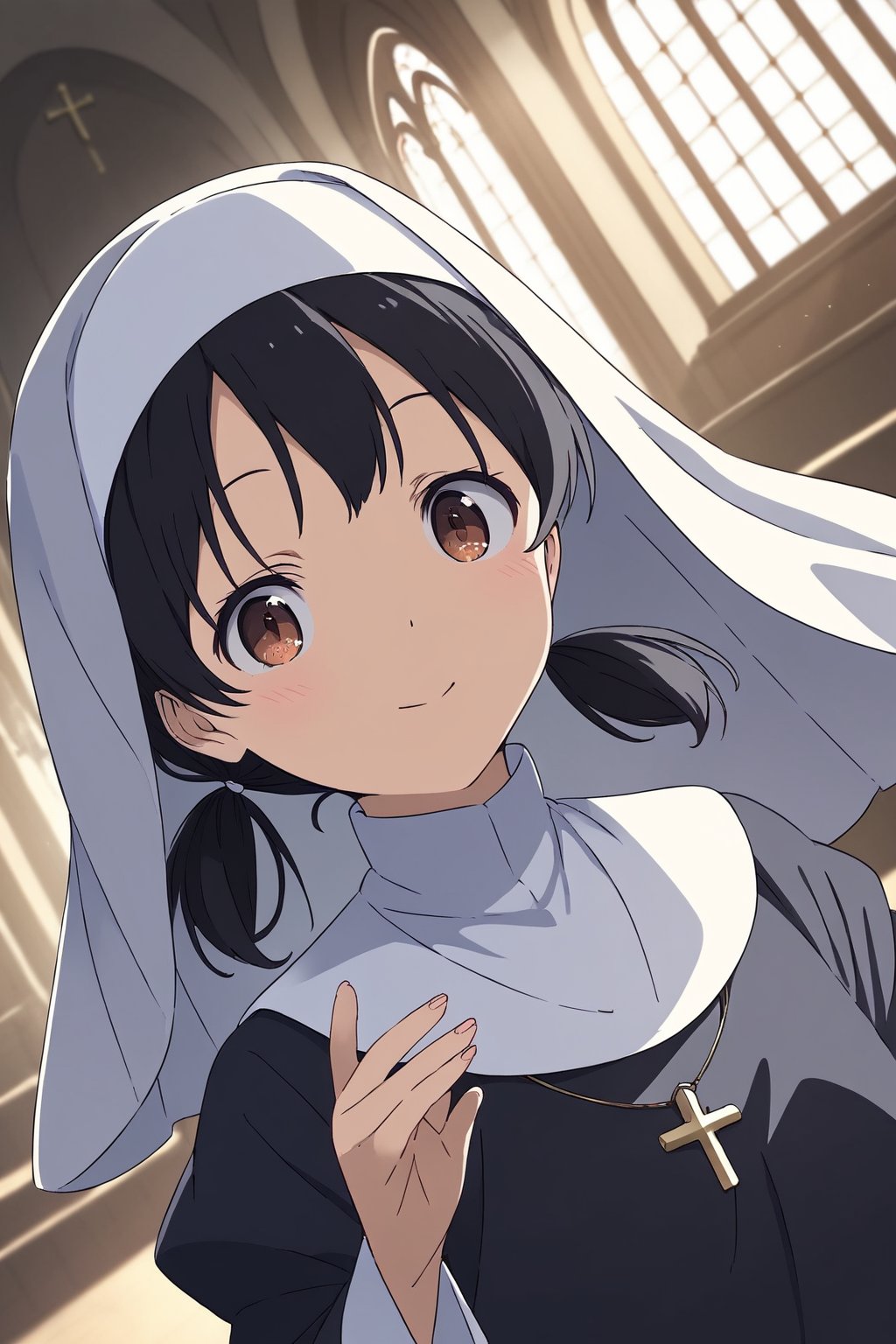 score_9, score_8_up, score_7_up, source_anime, masterpiece, high detailed,very aesthetic, minamoto shizuka, low twintails, short hair, 1girl, black hair, brown eyes, detailed gorgeous eyes, perfect face, detailed face, pray in the church, detailed background, nun clothes, dutch_angle, god rays, concept art,