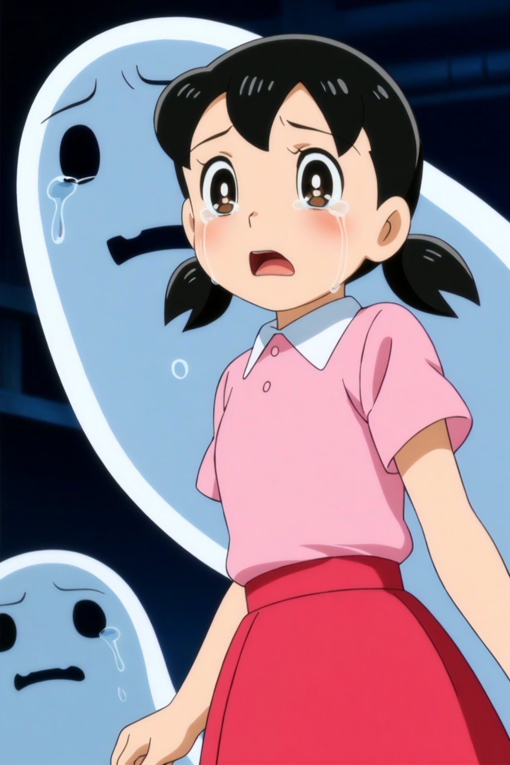 minamoto shizuka,

1girl, brown eyes, twintails, black hair, tears, skirt, shirt, open mouth, crying, short sleeves, red skirt, short twintails, pink shirt, scared, crying with eyes open, child, short hair, collared shirt, looking at viewer, anime coloring, low twintails,, ghost,

masterpiece, best quality, cute girl, beautiful girl, perfect body, perfect face, shiny eyes,