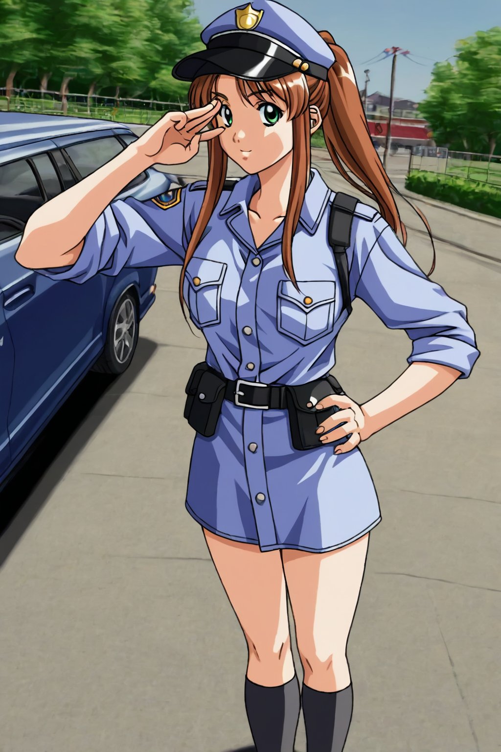 high detailed,very aesthetic, murata miyuki, 1girl, brown hair, green eyes, ponytail, police cap, salute, A police officer, standing under a dim streetlight, modern skyscrapers background, wearing dark blue uniform, take a selfies, a shadowy corner, light rain falls, mysterious atmosphere, police car, flashing lights, mist, Cinematic, dramatic lighting, high contrast, wide angle,