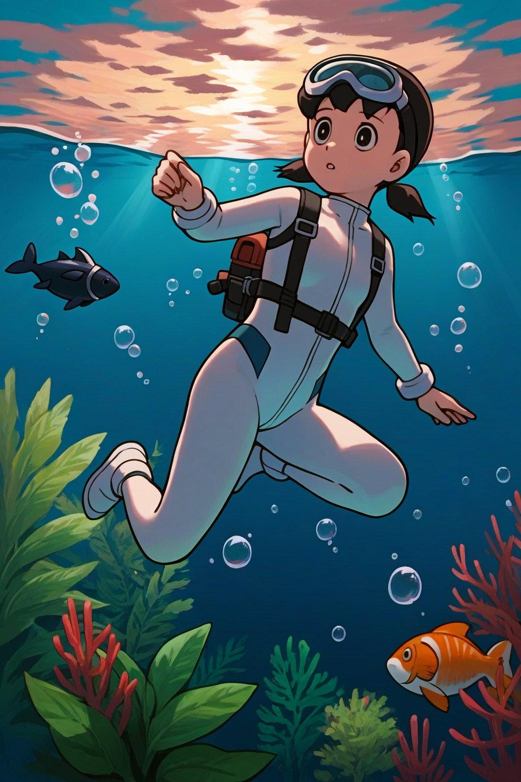 1girl,score_9, score_8_up, score_7_up, score_6_up,score_5_up, score_4_up, source_anime, anime coloring, high detailed,very aesthetic, minamoto shizuka,1girl, solo, goggles, diving suit, twintails, bubble, underwater, brown eyes, fish, diving mask, bodysuit, black hair, air bubble, wetsuit, goggles on head, short twintails, plant, randoseru, animal, :o, parted lips, diving, outdoors, short hair, high contrast lighting, masterpiece, best quality, award winning,