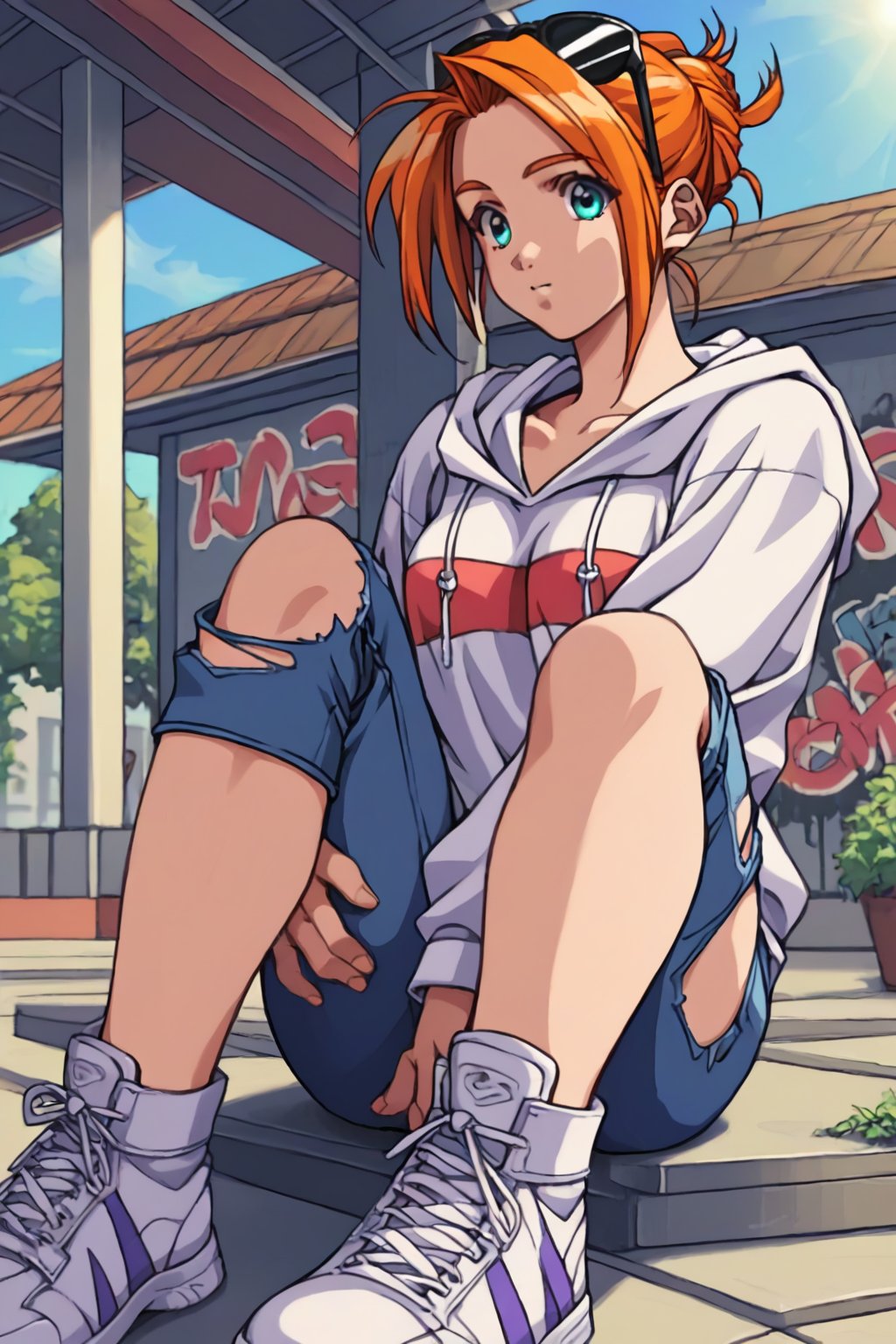 score_9, score_8_up, score_7_up, source_anime, masterpiece, high detailed,very aesthetic, kanou makoto, 1girl, orange hair, aqua_eyes, eyewear on head, detailed gorgeous eyes, perfect face, detailed face, street-style girl, sitting, confident pose, under bridge, graffiti art, urban setting, hoodie, ripped jeans, sneakers, vibrant colors, expressive graffiti, shadows, natural lighting, BREAK, relaxed expression, hands in pockets, cool demeanor, wind-blown hair, cinematic, dusk, from_below,