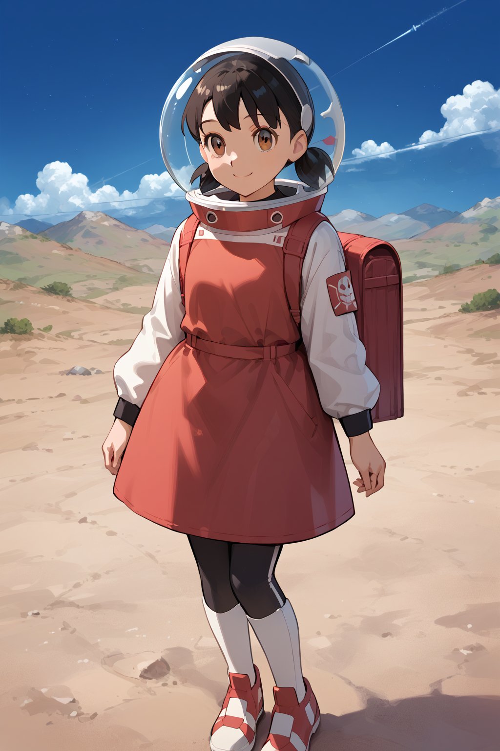 1girl,score_9, score_8_up, score_7_up, score_6_up,score_5_up, score_4_up, source_anime, anime coloring, minamoto shizuka, 1girl, solo, smile, Girl in a spacesuit stepping onto the surface of Mars, Earth visible in the distance, vast red landscape, futuristic colony in the background, sense of wonder and exploration, epic sci-fi scene, hyper-realistic detail