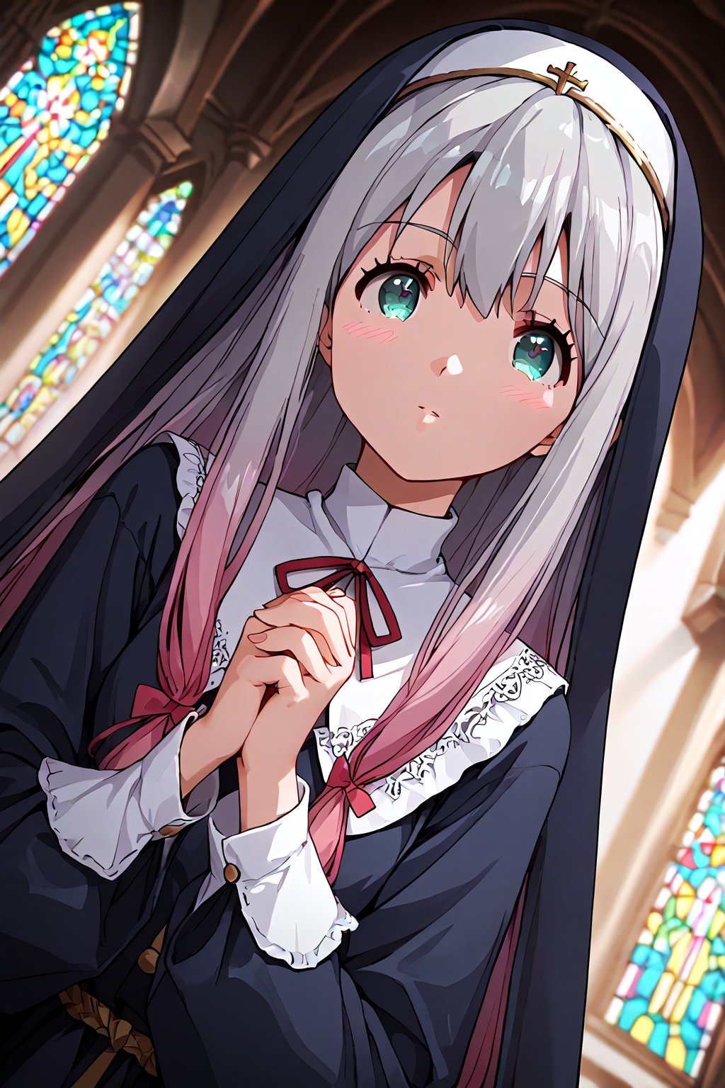 score_9, score_8_up, score_7_up, source_anime, masterpiece, high detailed,very aesthetic, koizumi yogiri, 1girl, grey hair, aqua eyes, pink hair, multicolored hair, detailed gorgeous eyes, perfect face, detailed face, pray in the church, detailed background, nun clothes, dutch_angle, god rays, concept art,